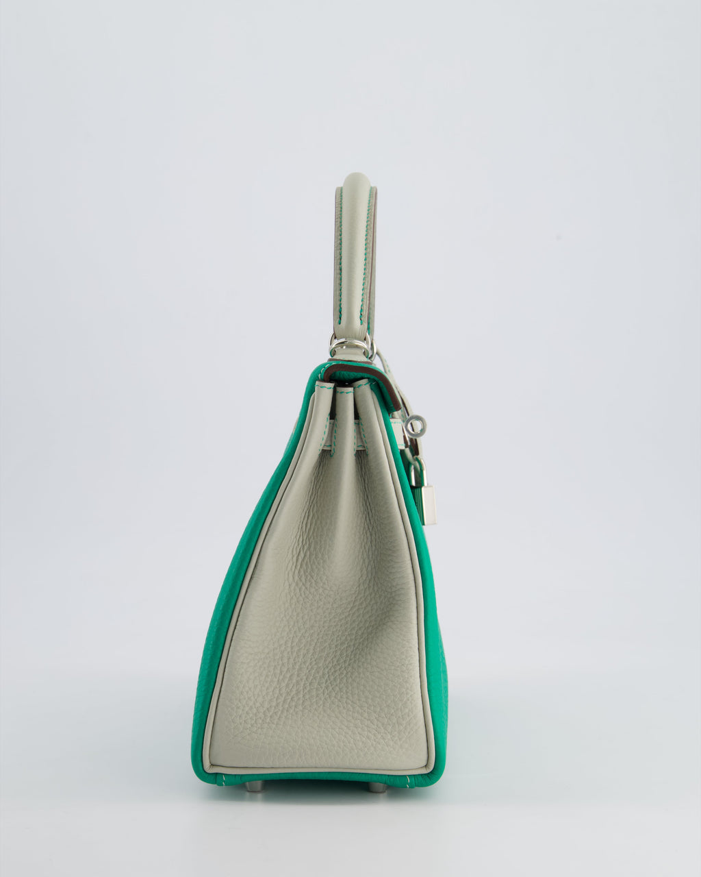 *SUPER RARE* Hermès HSS Kelly 25 Retourne Bag in Vert Vertigo & Gris Perle Togo Leather with Palladium Hardware & Contrast Stitching