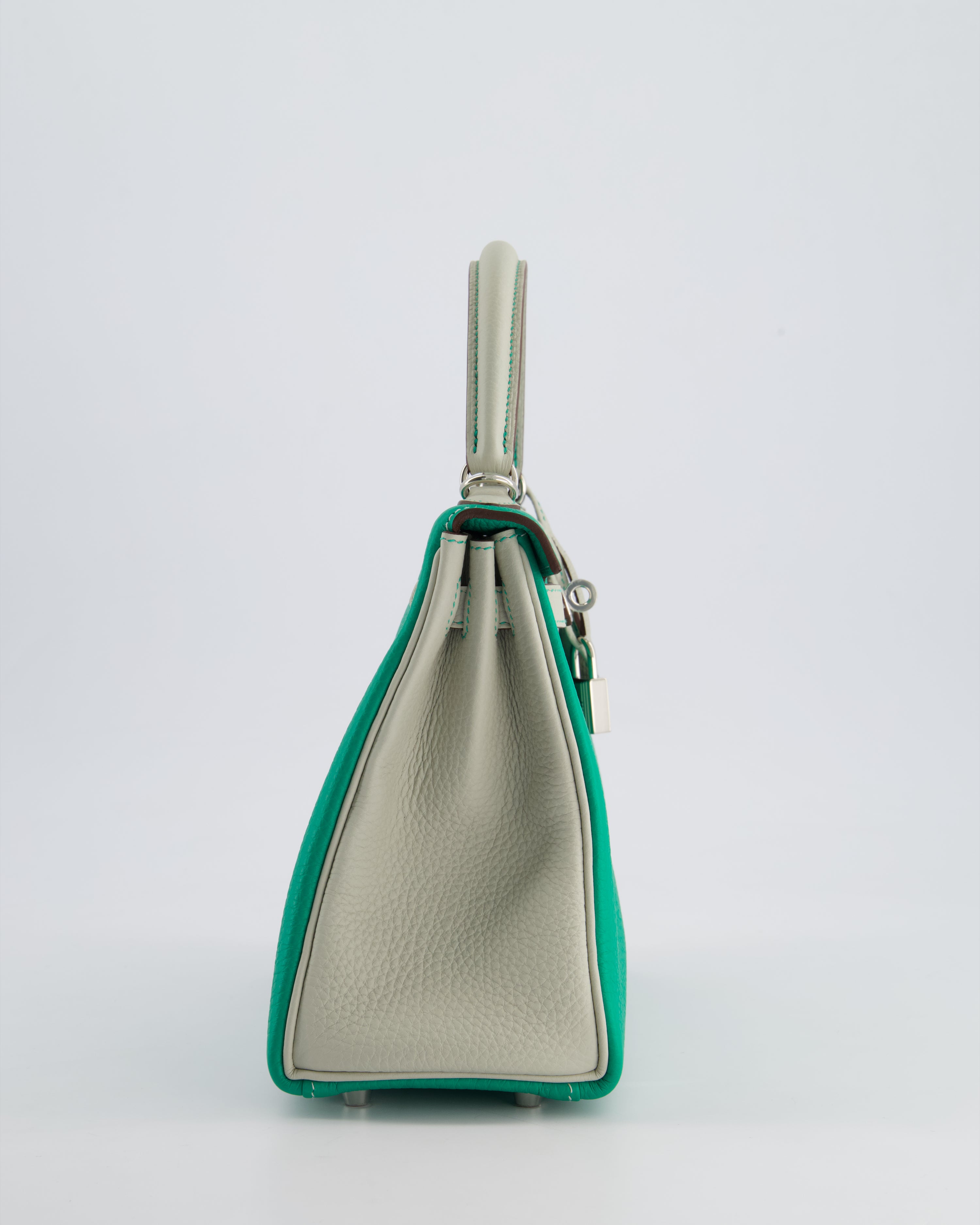 *SUPER RARE* Hermès HSS Kelly 25 Retourne Bag in Vert Vertigo & Gris Perle Togo Leather with Palladium Hardware & Contrast Stitching