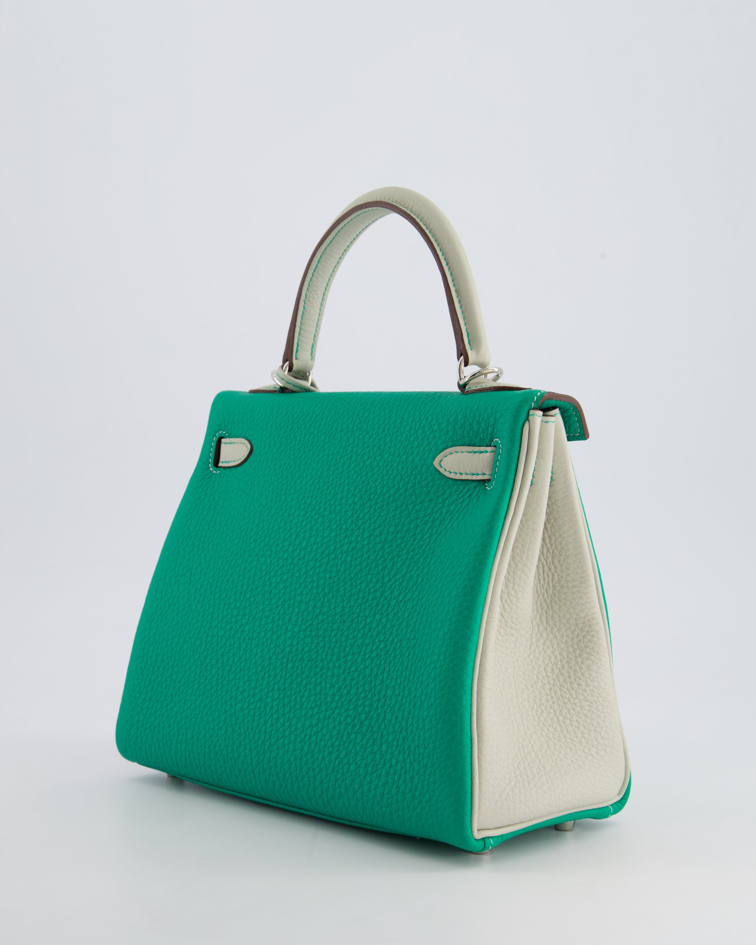 *SUPER RARE* Hermès HSS Kelly 25 Retourne Bag in Vert Vertigo & Gris Perle Togo Leather with Palladium Hardware & Contrast Stitching