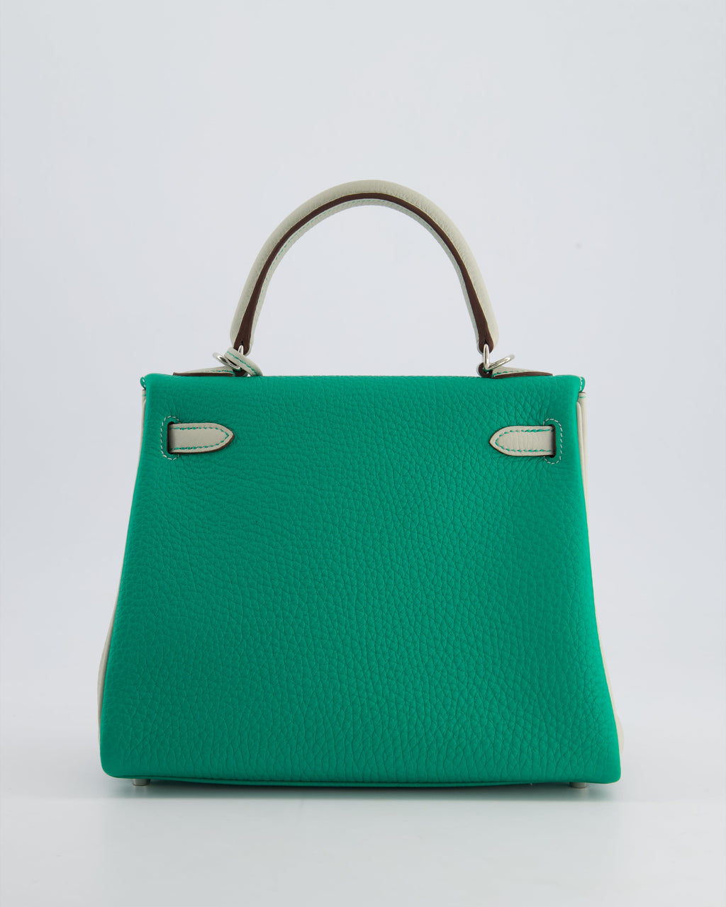 *SUPER RARE* Hermès HSS Kelly 25 Retourne Bag in Vert Vertigo & Gris Perle Togo Leather with Palladium Hardware & Contrast Stitching