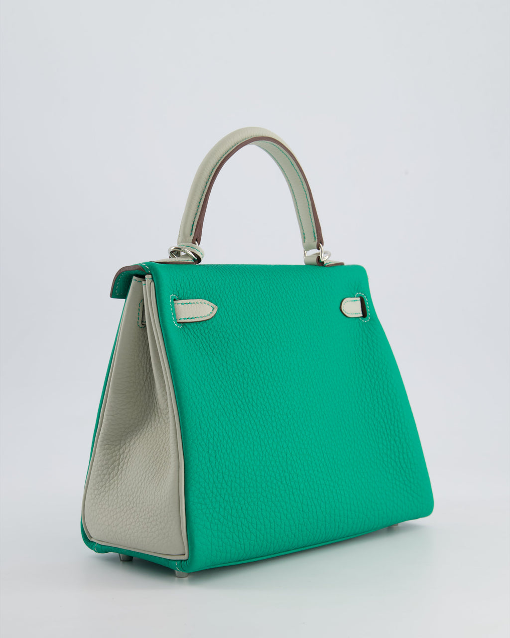*SUPER RARE* Hermès HSS Kelly 25 Retourne Bag in Vert Vertigo & Gris Perle Togo Leather with Palladium Hardware & Contrast Stitching