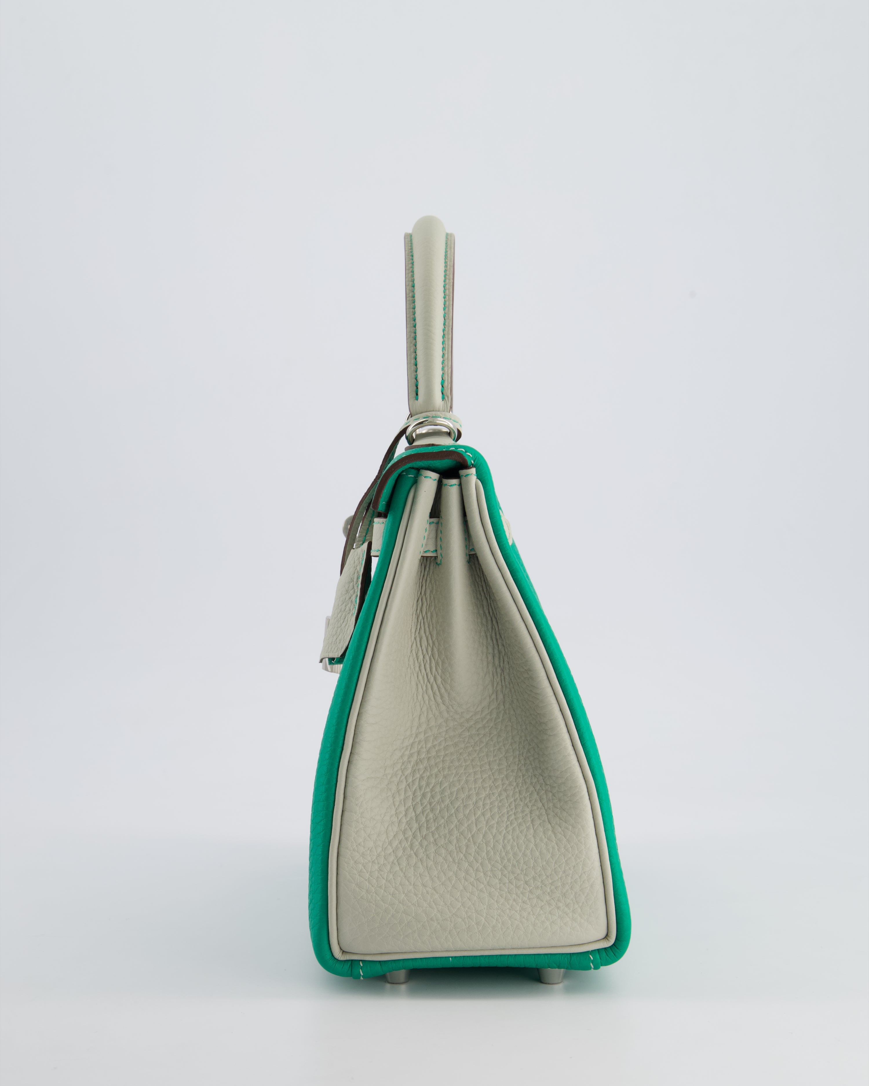 *SUPER RARE* Hermès HSS Kelly 25 Retourne Bag in Vert Vertigo & Gris Perle Togo Leather with Palladium Hardware & Contrast Stitching