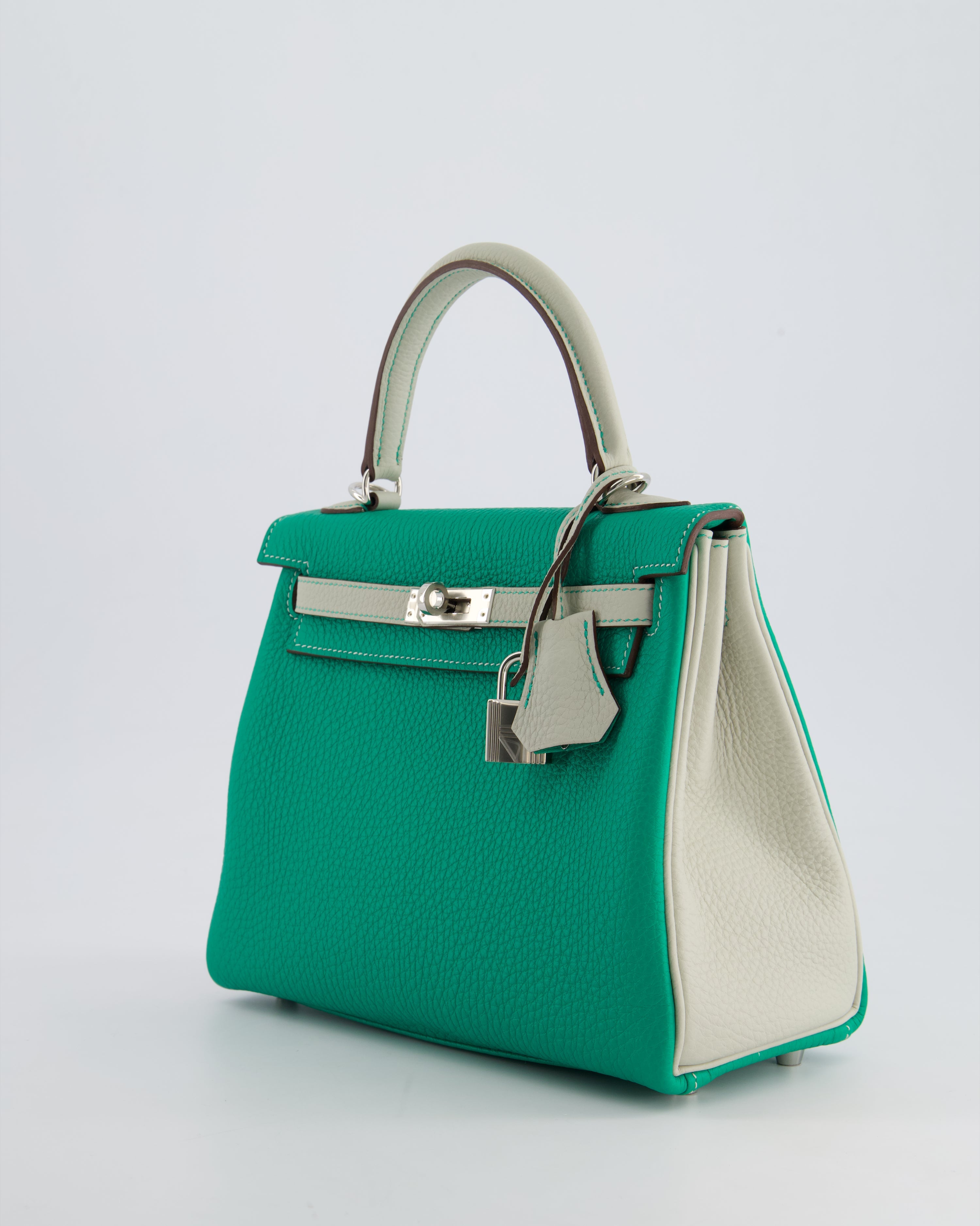 *SUPER RARE* Hermès HSS Kelly 25 Retourne Bag in Vert Vertigo & Gris Perle Togo Leather with Palladium Hardware & Contrast Stitching