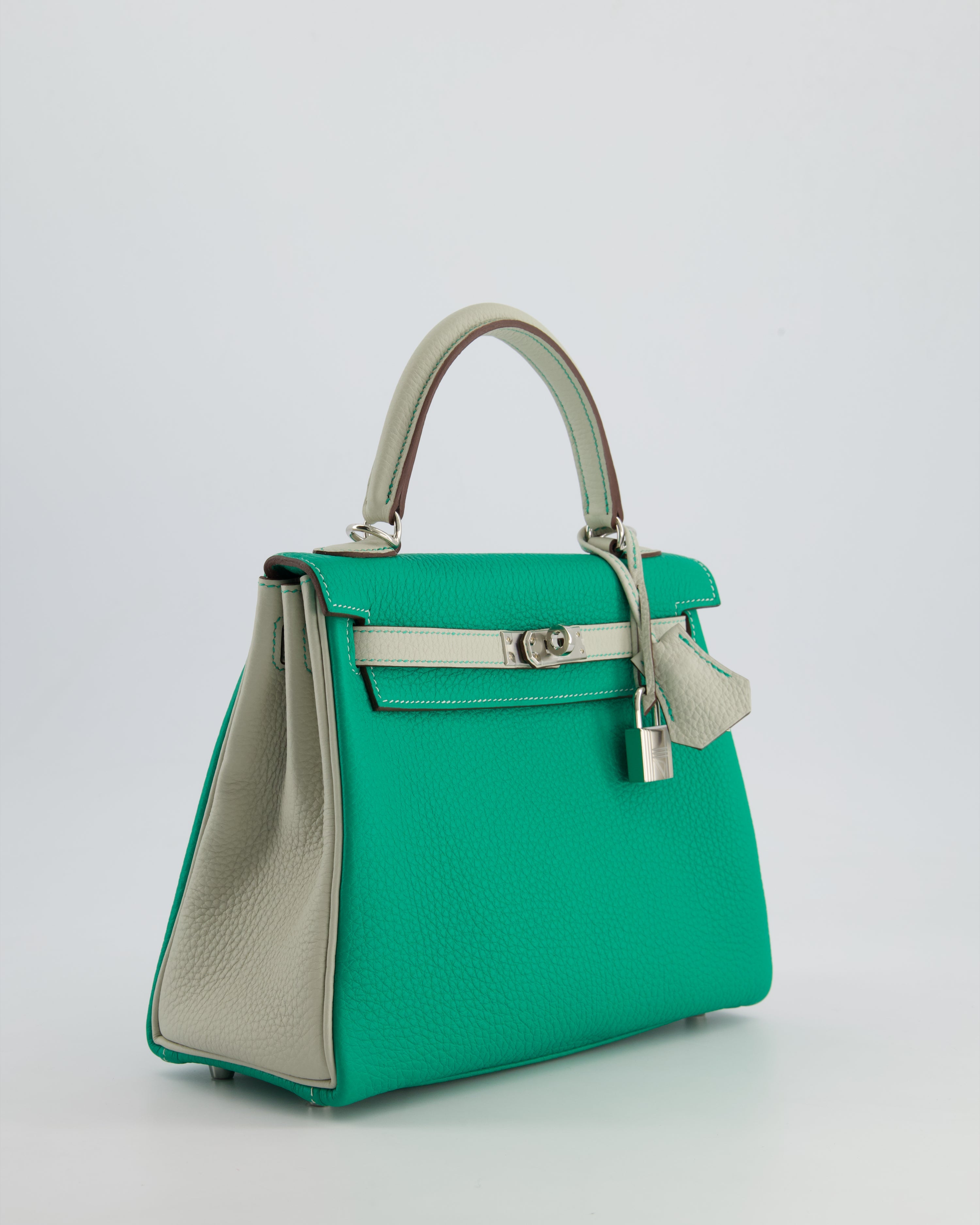 *SUPER RARE* Hermès HSS Kelly 25 Retourne Bag in Vert Vertigo & Gris Perle Togo Leather with Palladium Hardware & Contrast Stitching