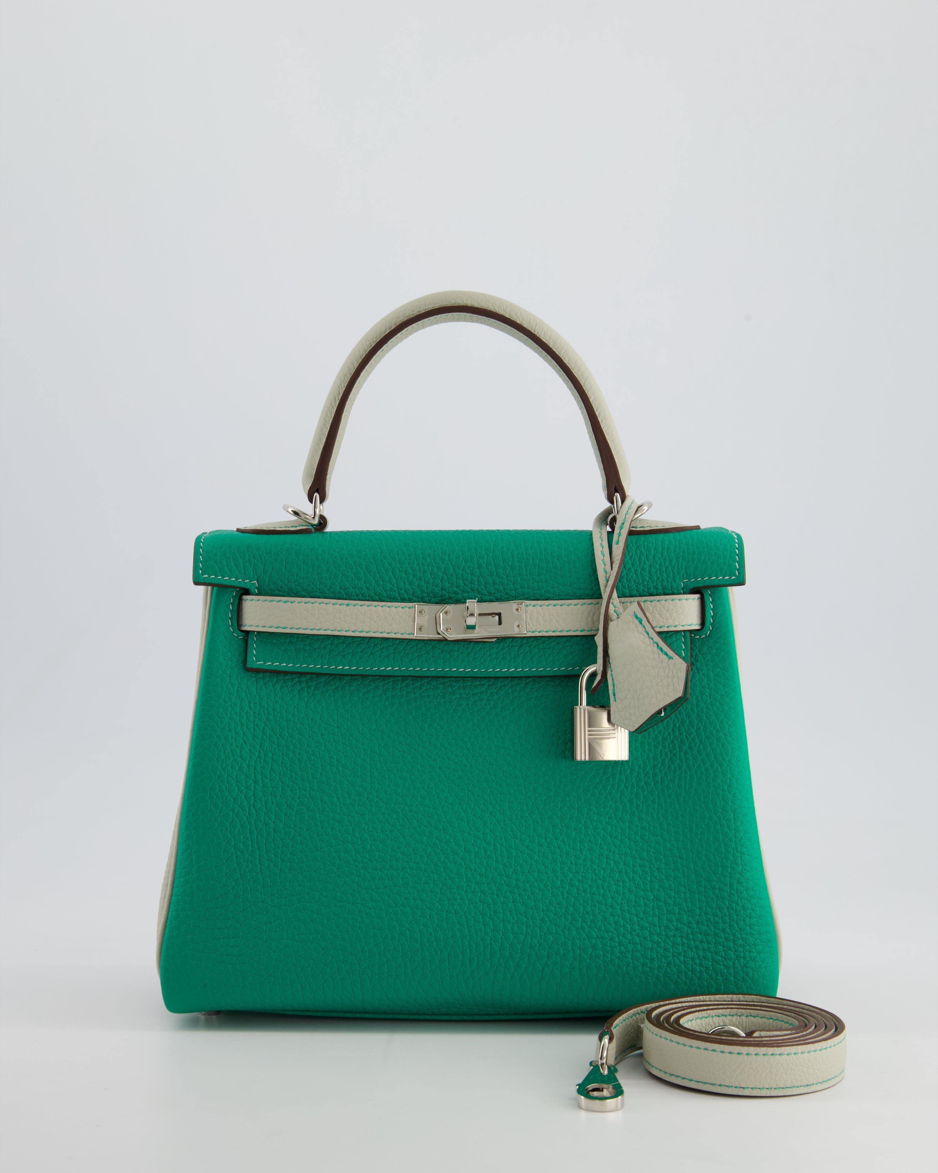 *SUPER RARE* Hermès HSS Kelly 25 Retourne Bag in Vert Vertigo & Gris Perle Togo Leather with Palladium Hardware & Contrast Stitching