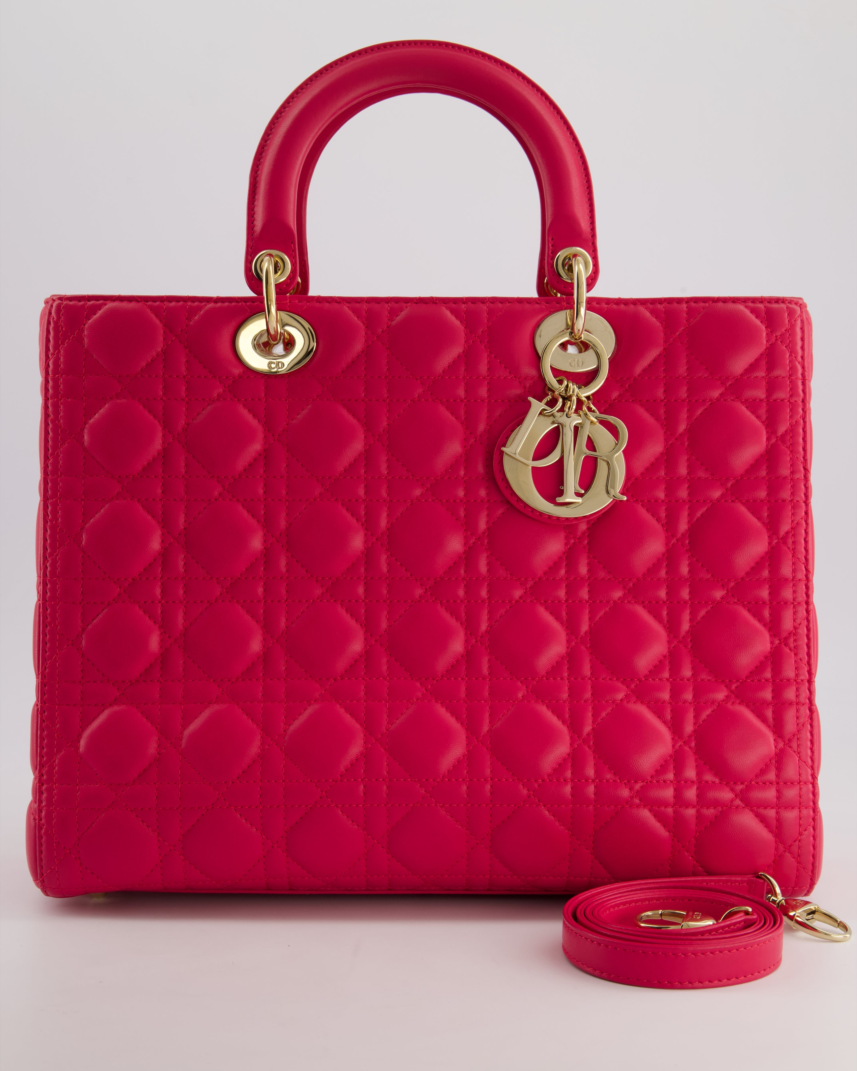Christian Dior Large Lady Dior Bag in Hot Pink Lambskin Leather with Gold Hardware