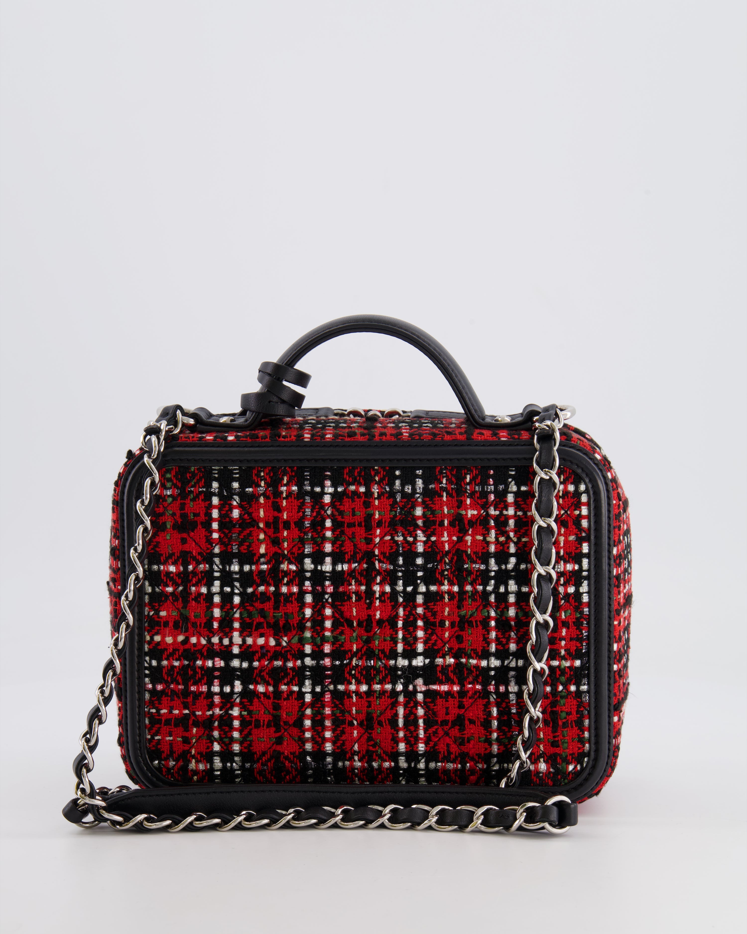Chanel Black and Red Medium CC Filigree Vanity Case Bag in Tweed with Silver Hardware and Chain Detail