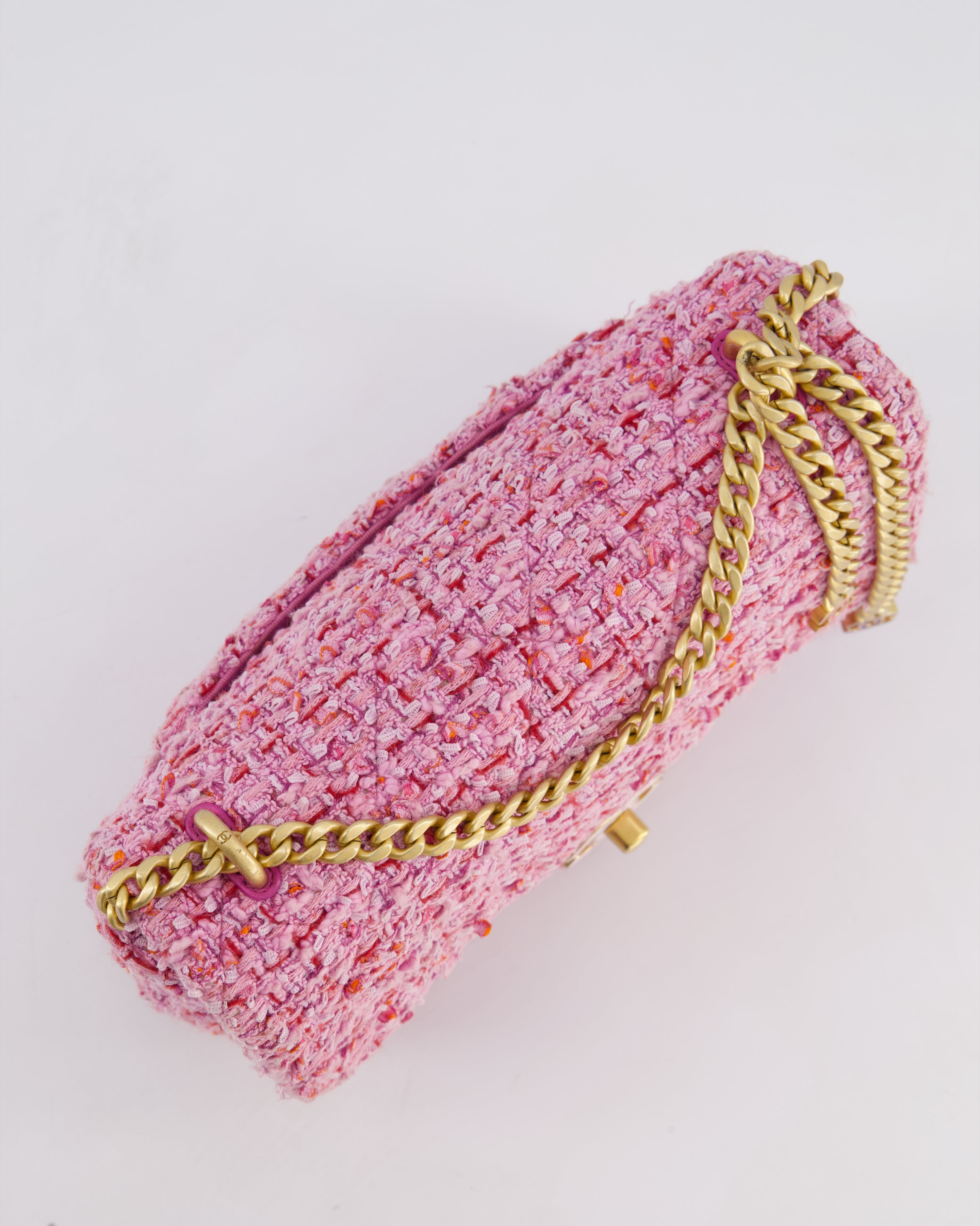 Chanel Pink & Lilac Tweed Seasonal Single Flap Bag with Brushed Gold Hardware & Pink CC Logo
