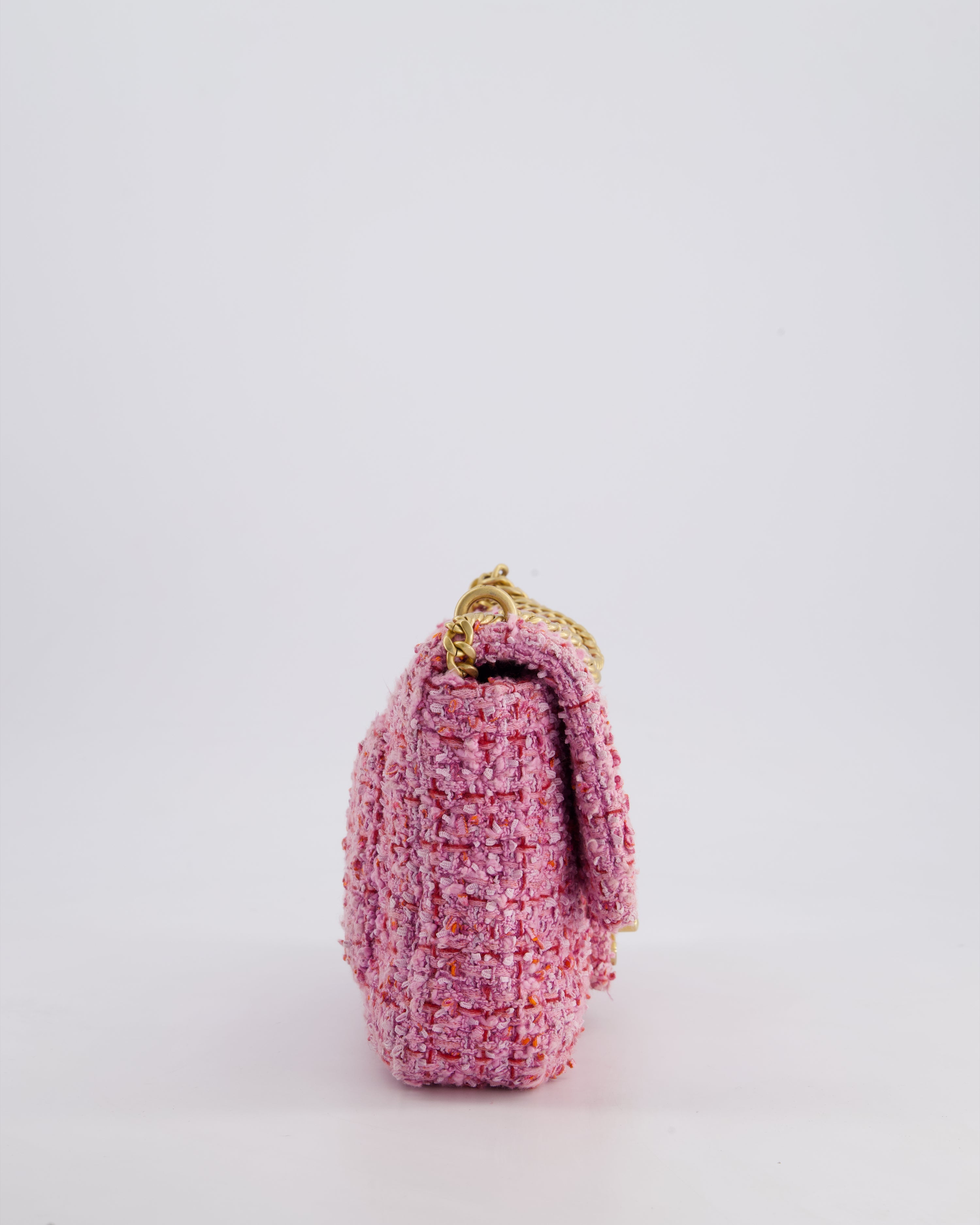 Chanel Pink & Lilac Tweed Seasonal Single Flap Bag with Brushed Gold Hardware & Pink CC Logo