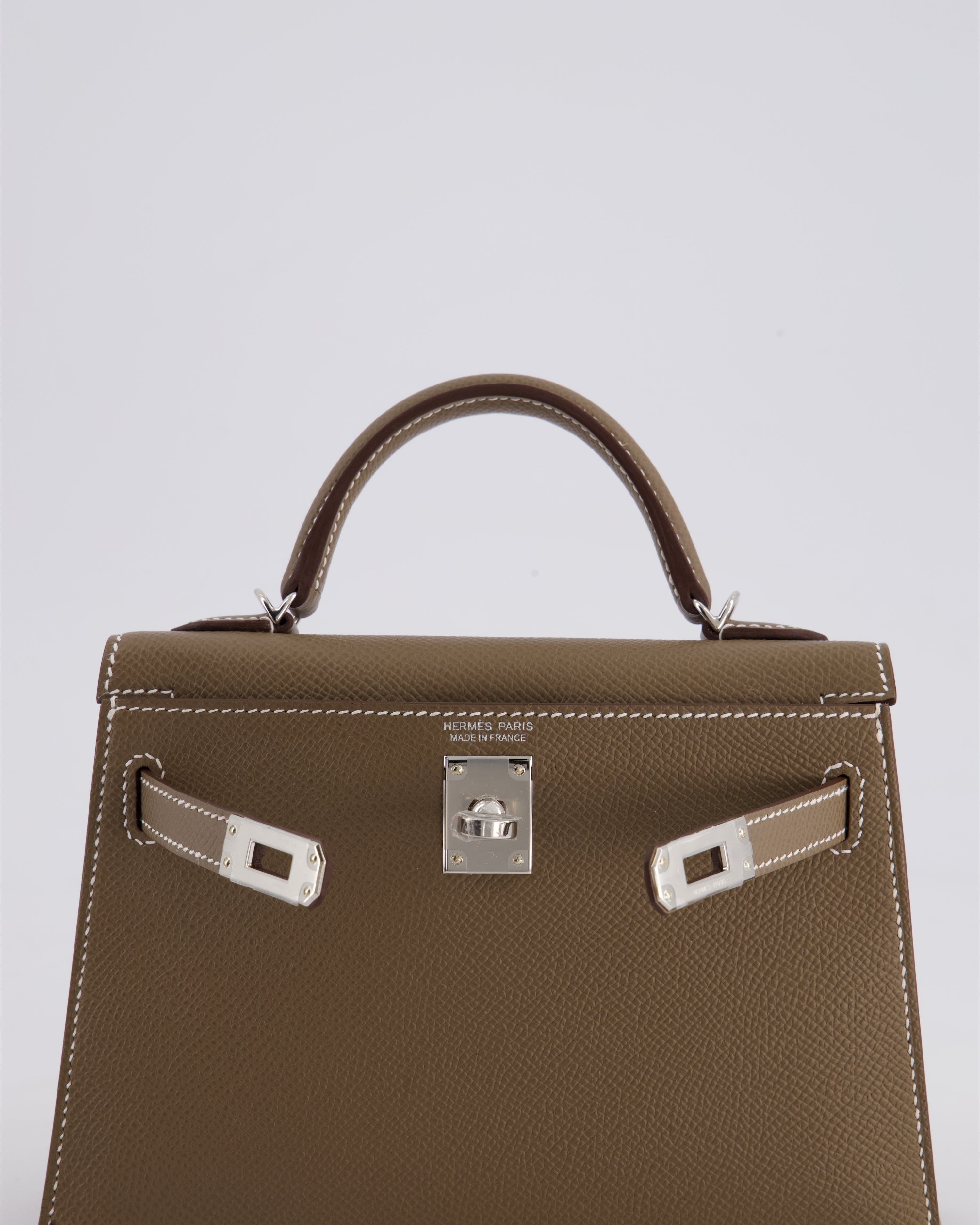 *HOT* Hermès Mini Kelly II 20 Bag in Etoupe Epsom Leather with Palladium Hardware