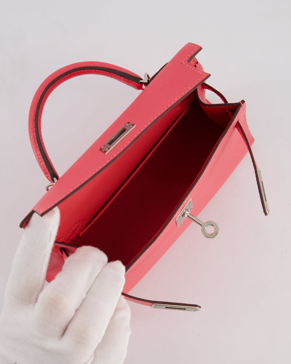 *HOT* Hermès Mini Kelly II 20 Bag in Rose Lipstick Chevre Mysore Leather with Palladium Hardware