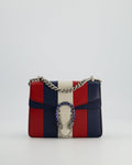 Gucci Red, Navy & Cream GG Small Dionysus Bag in Goatskin Leather with Brushed Silver & Enamel Hardware