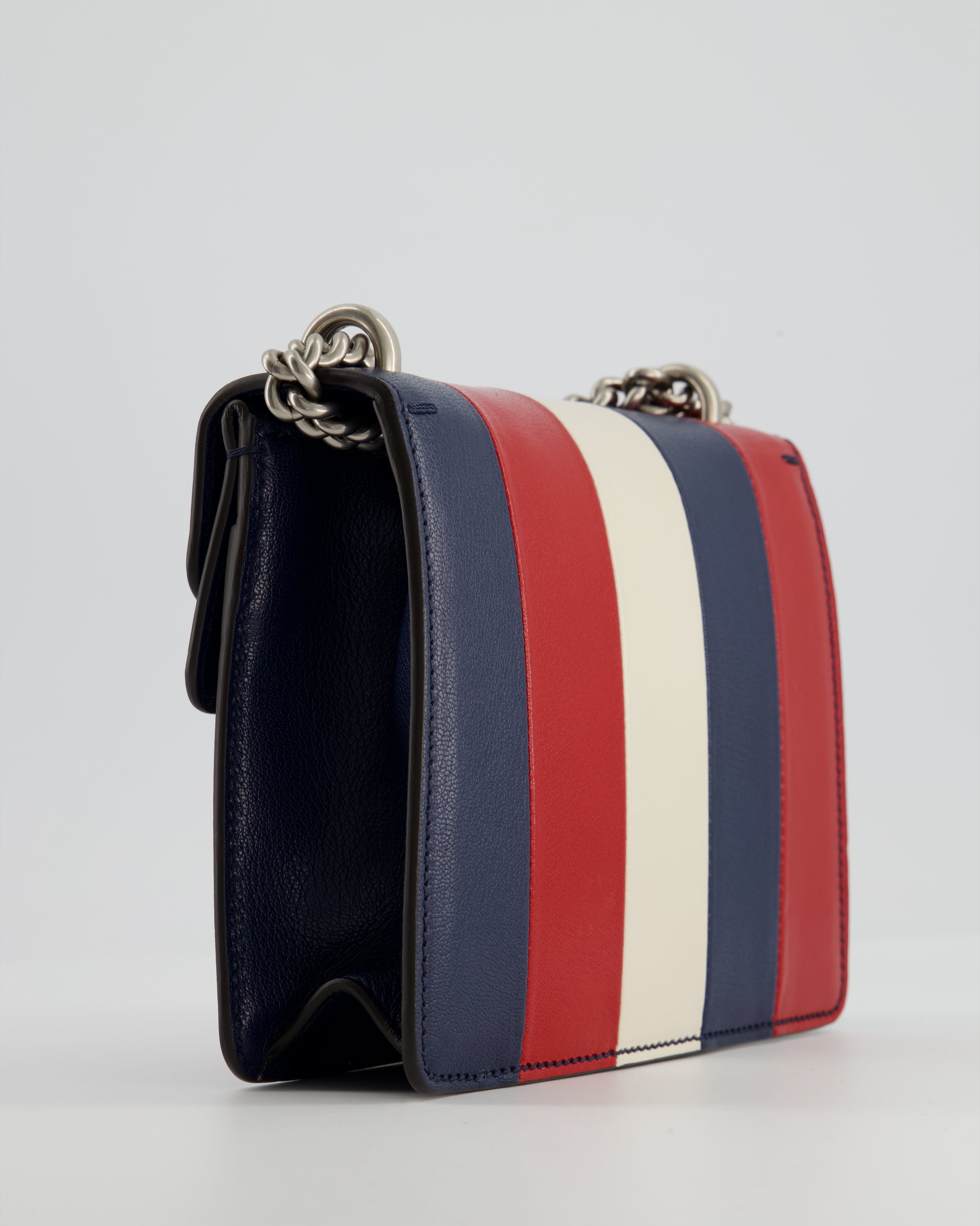 Gucci Red, Navy & Cream GG Small Dionysus Bag in Goatskin Leather with Brushed Silver & Enamel Hardware