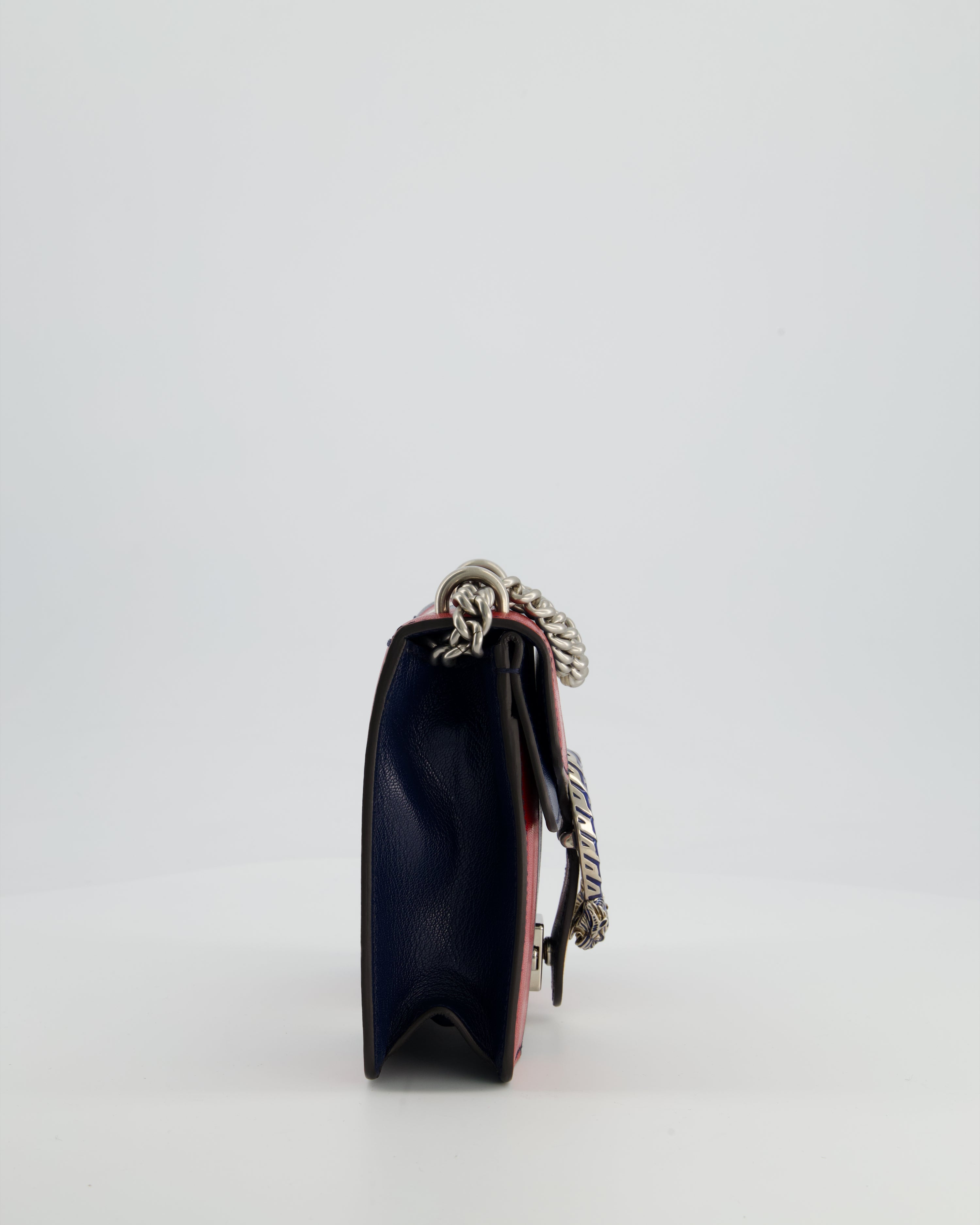 Gucci Red, Navy & Cream GG Small Dionysus Bag in Goatskin Leather with Brushed Silver & Enamel Hardware