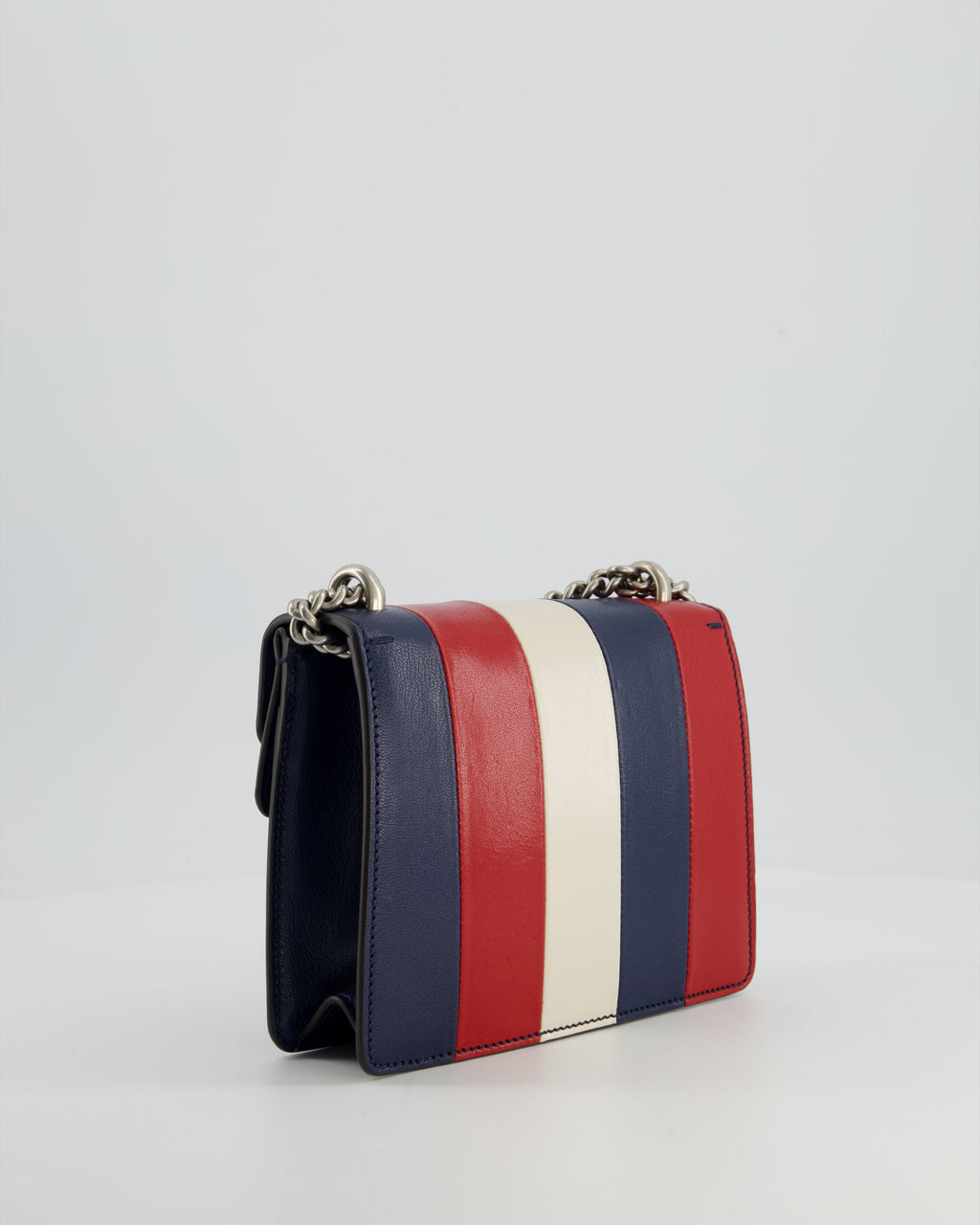 Gucci Red, Navy & Cream GG Small Dionysus Bag in Goatskin Leather with Brushed Silver & Enamel Hardware