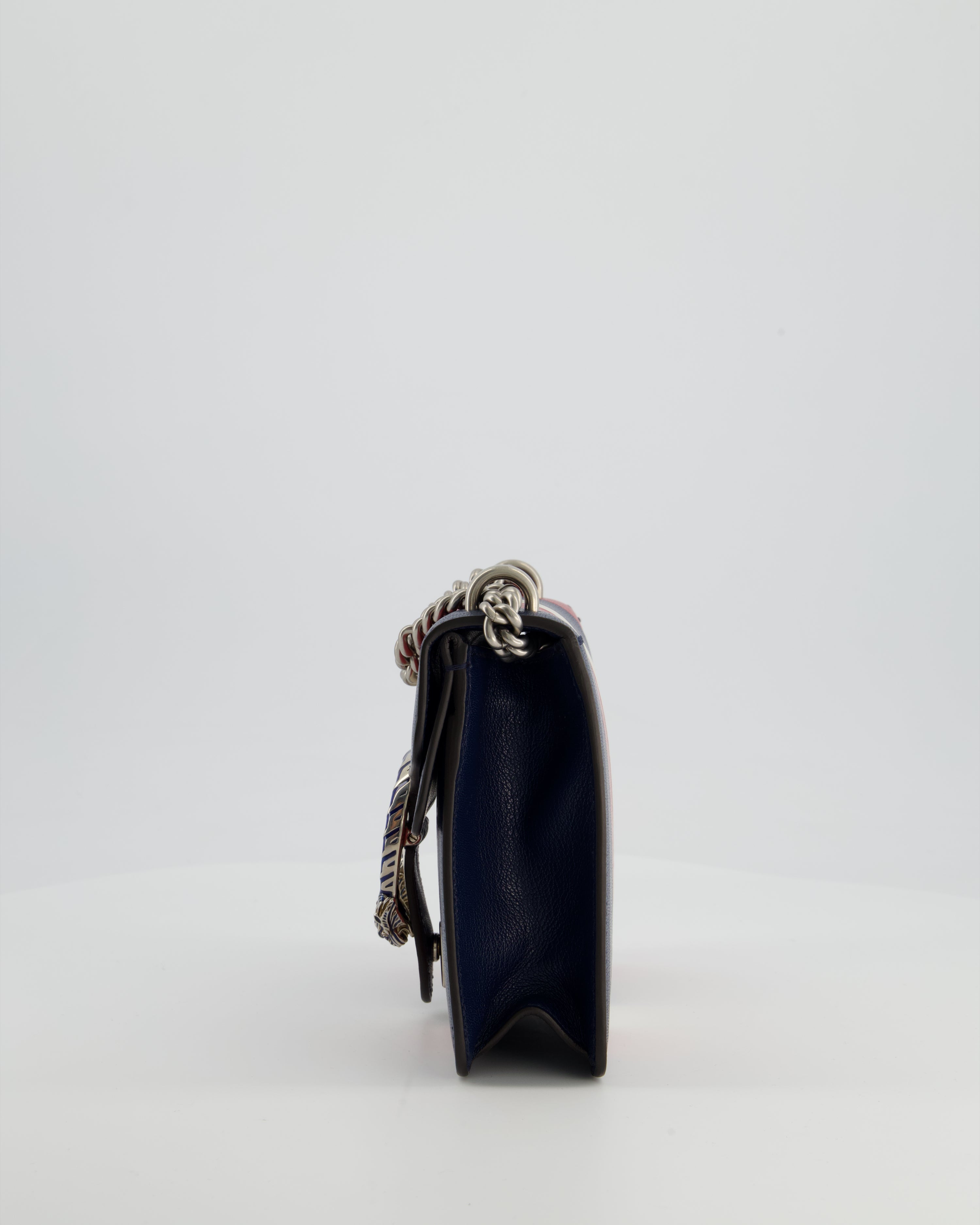 Gucci Red, Navy & Cream GG Small Dionysus Bag in Goatskin Leather with Brushed Silver & Enamel Hardware