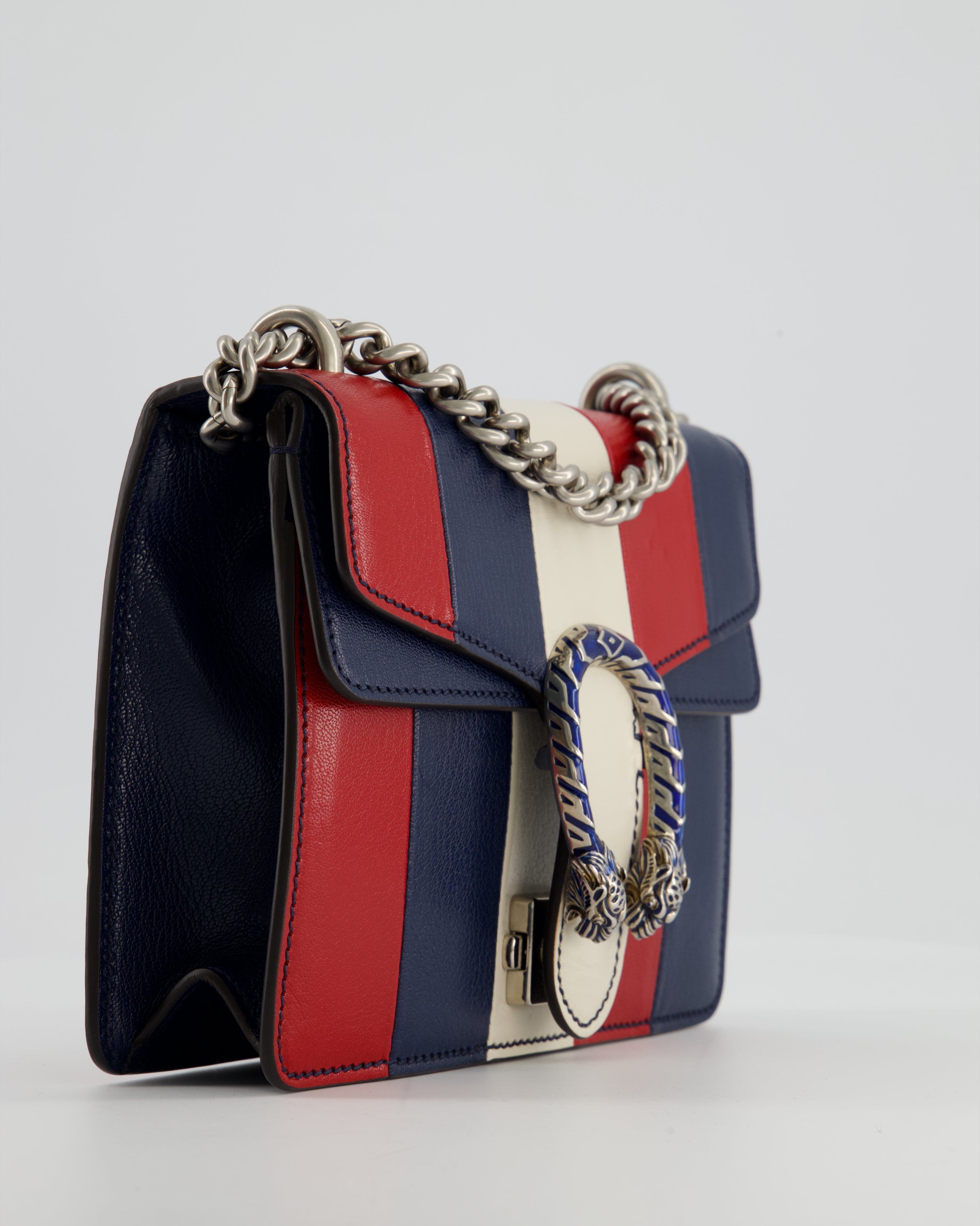 Gucci Red, Navy & Cream GG Small Dionysus Bag in Goatskin Leather with Brushed Silver & Enamel Hardware