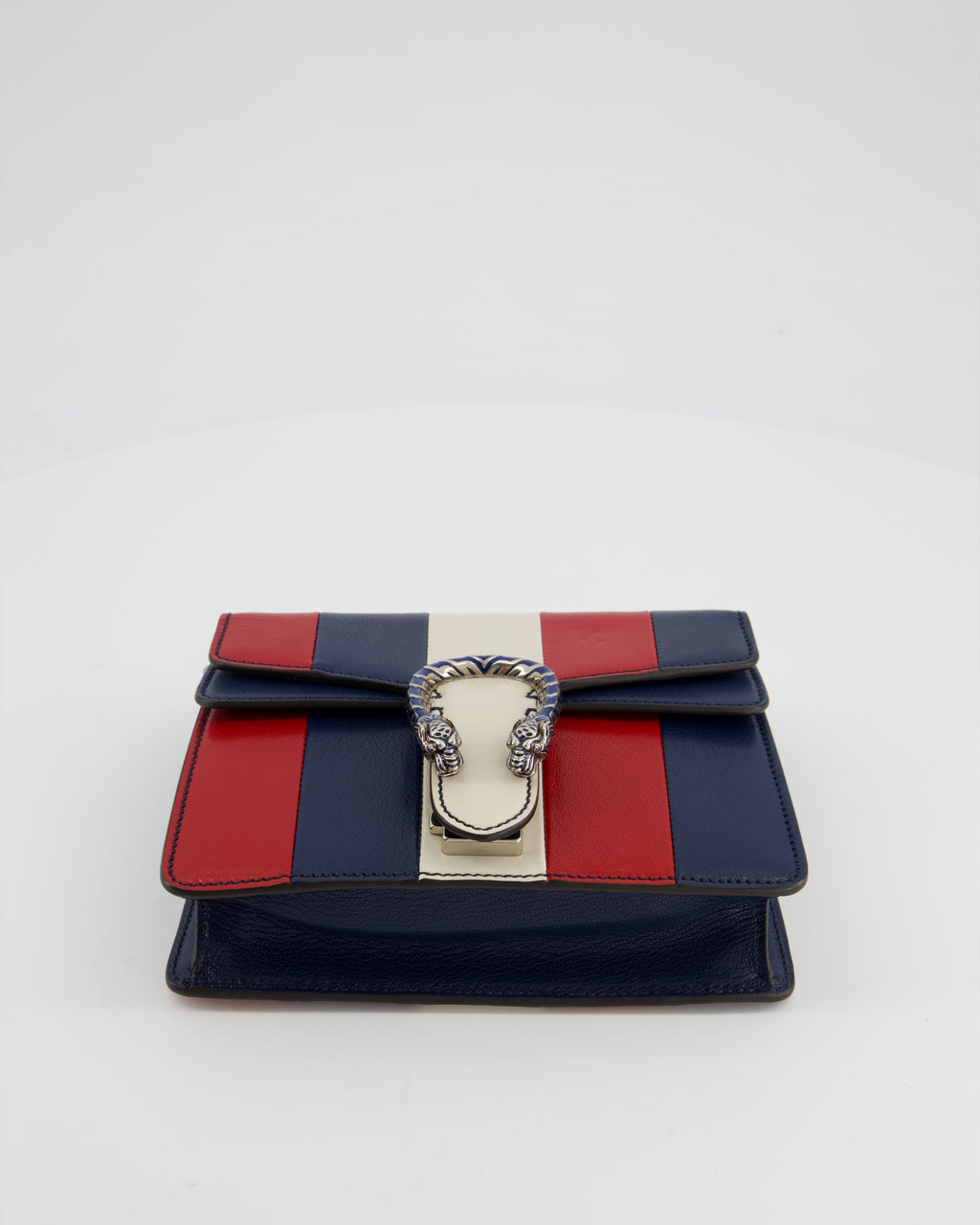 Gucci Red, Navy & Cream GG Small Dionysus Bag in Goatskin Leather with Brushed Silver & Enamel Hardware