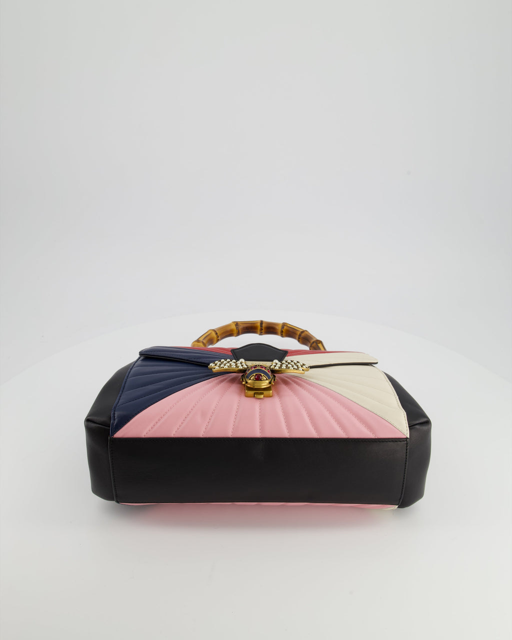 Gucci Black, Navy, Red, Pink & Cream Queen Margaret Matelasse Bamboo Top Handle Bag with Gold Hardware and Embellished Bee Detail