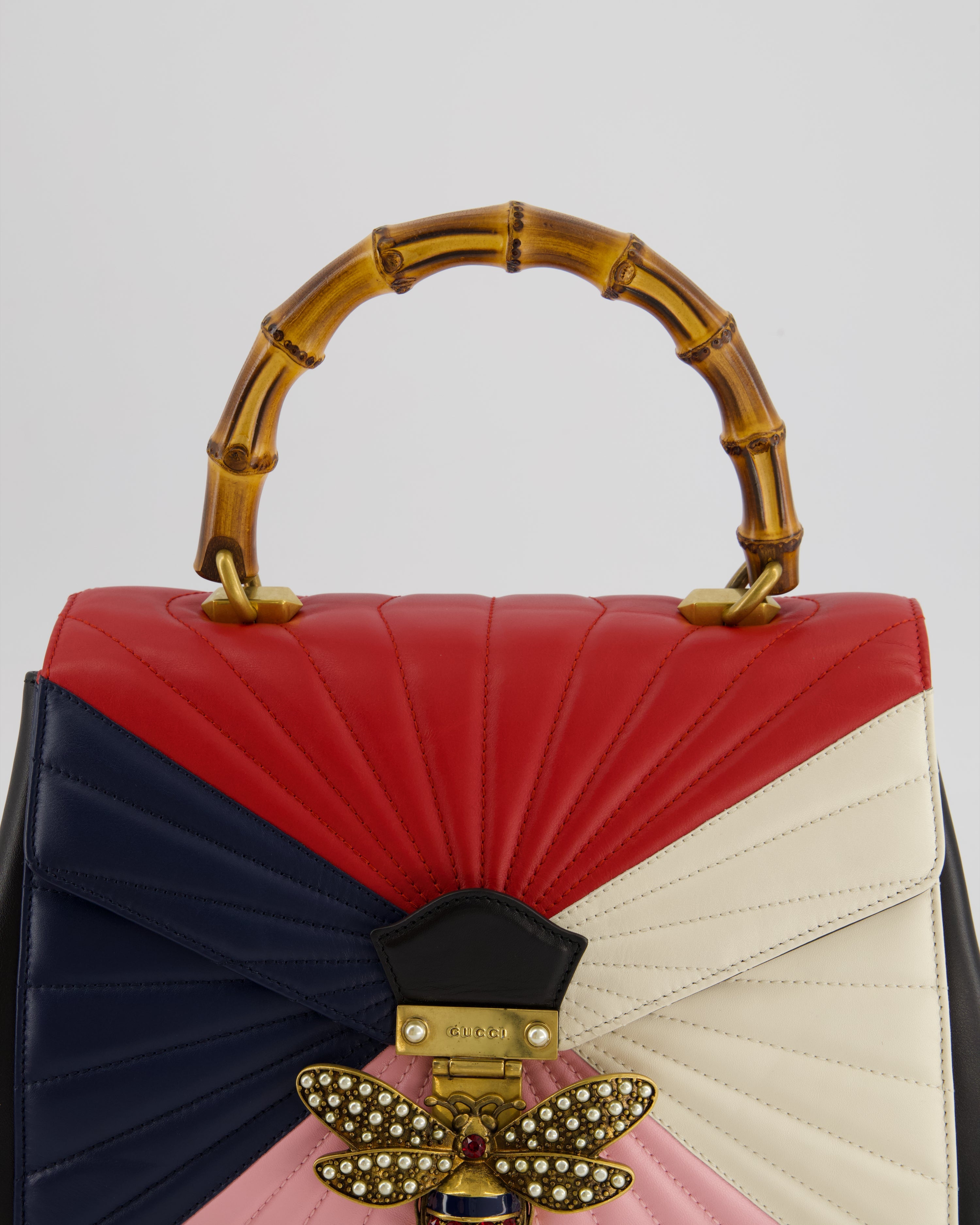 Gucci Black, Navy, Red, Pink & Cream Queen Margaret Matelasse Bamboo Top Handle Bag with Gold Hardware and Embellished Bee Detail