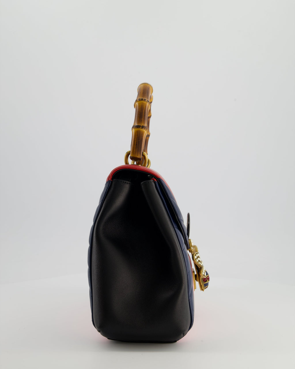 Gucci Black, Navy, Red, Pink & Cream Queen Margaret Matelasse Bamboo Top Handle Bag with Gold Hardware and Embellished Bee Detail