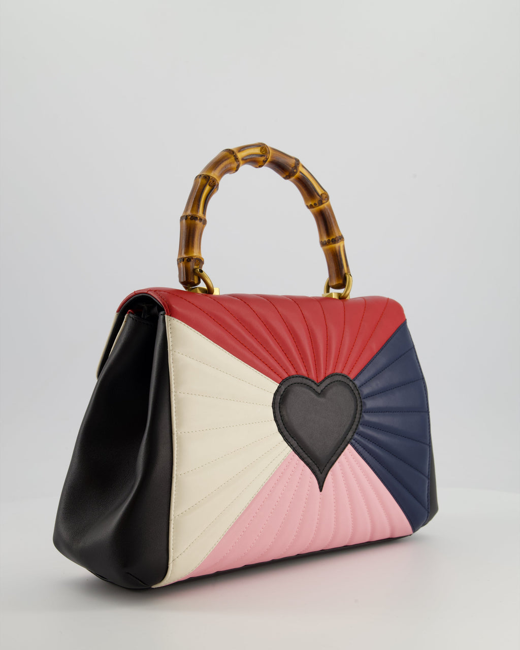 Gucci Black, Navy, Red, Pink & Cream Queen Margaret Matelasse Bamboo Top Handle Bag with Gold Hardware and Embellished Bee Detail