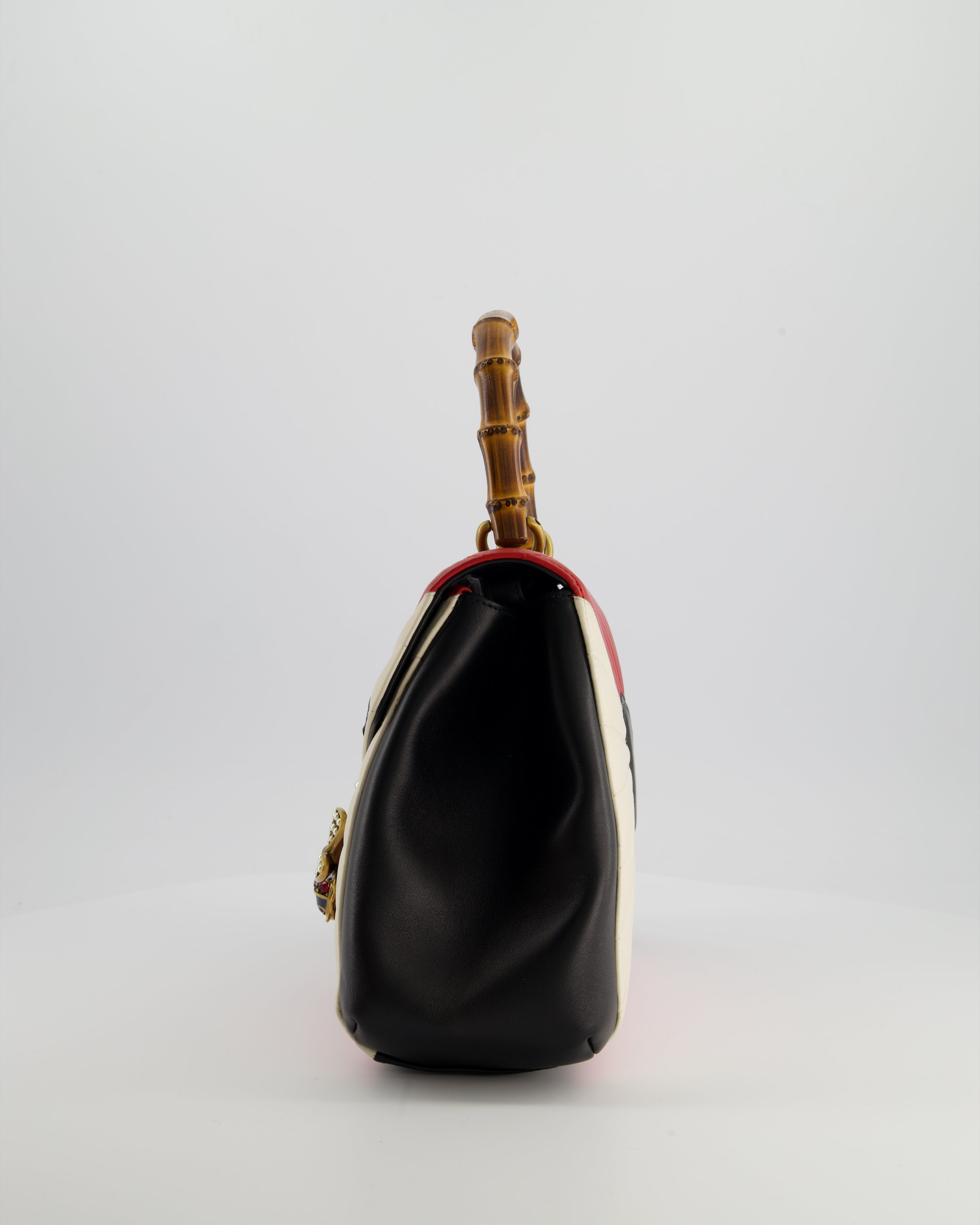 Gucci Black, Navy, Red, Pink & Cream Queen Margaret Matelasse Bamboo Top Handle Bag with Gold Hardware and Embellished Bee Detail