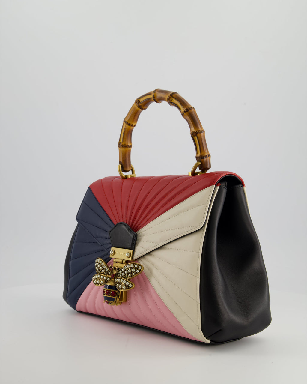 Gucci Black, Navy, Red, Pink & Cream Queen Margaret Matelasse Bamboo Top Handle Bag with Gold Hardware and Embellished Bee Detail