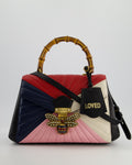 Gucci Black, Navy, Red, Pink & Cream Queen Margaret Matelasse Bamboo Top Handle Bag with Gold Hardware and Embellished Bee Detail