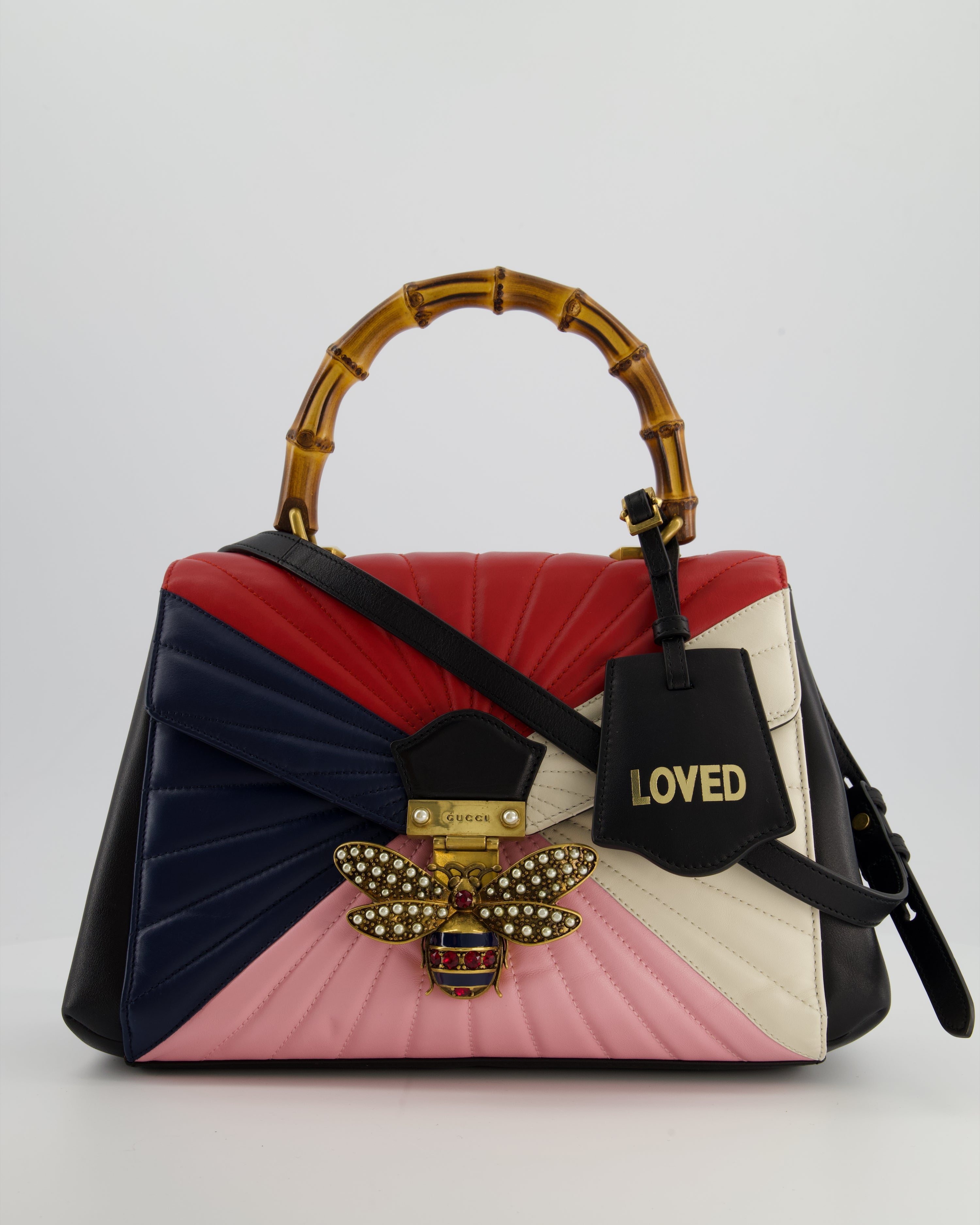 Gucci Black, Navy, Red, Pink & Cream Queen Margaret Matelasse Bamboo Top Handle Bag with Gold Hardware and Embellished Bee Detail