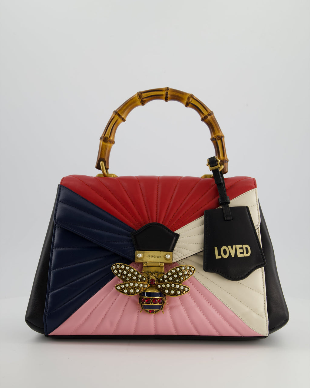 Gucci Black, Navy, Red, Pink & Cream Queen Margaret Matelasse Bamboo Top Handle Bag with Gold Hardware and Embellished Bee Detail