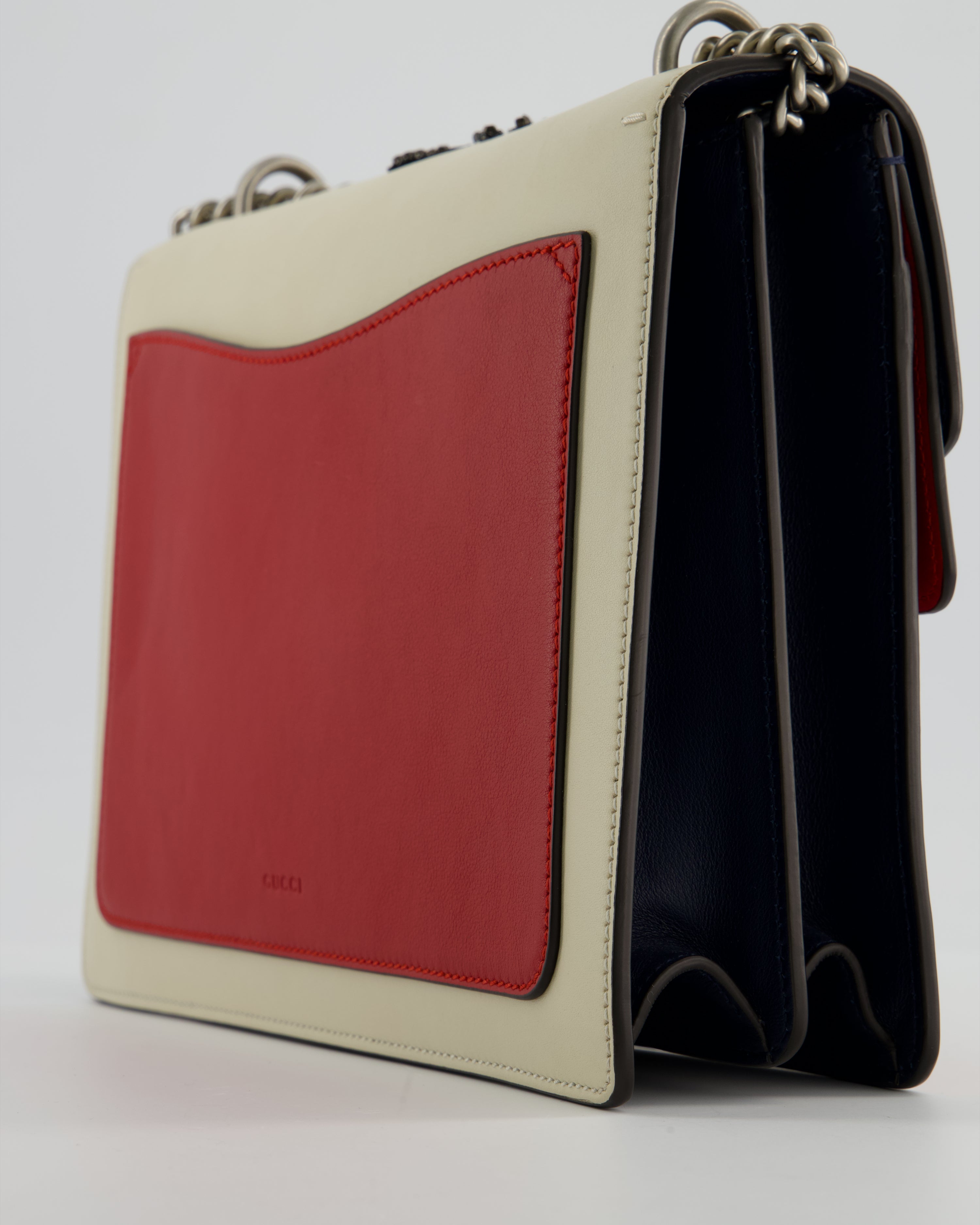 Gucci Red, Cream & Navy Dionysus Large Bag with Silver Hardware & Embellished Bee Detail