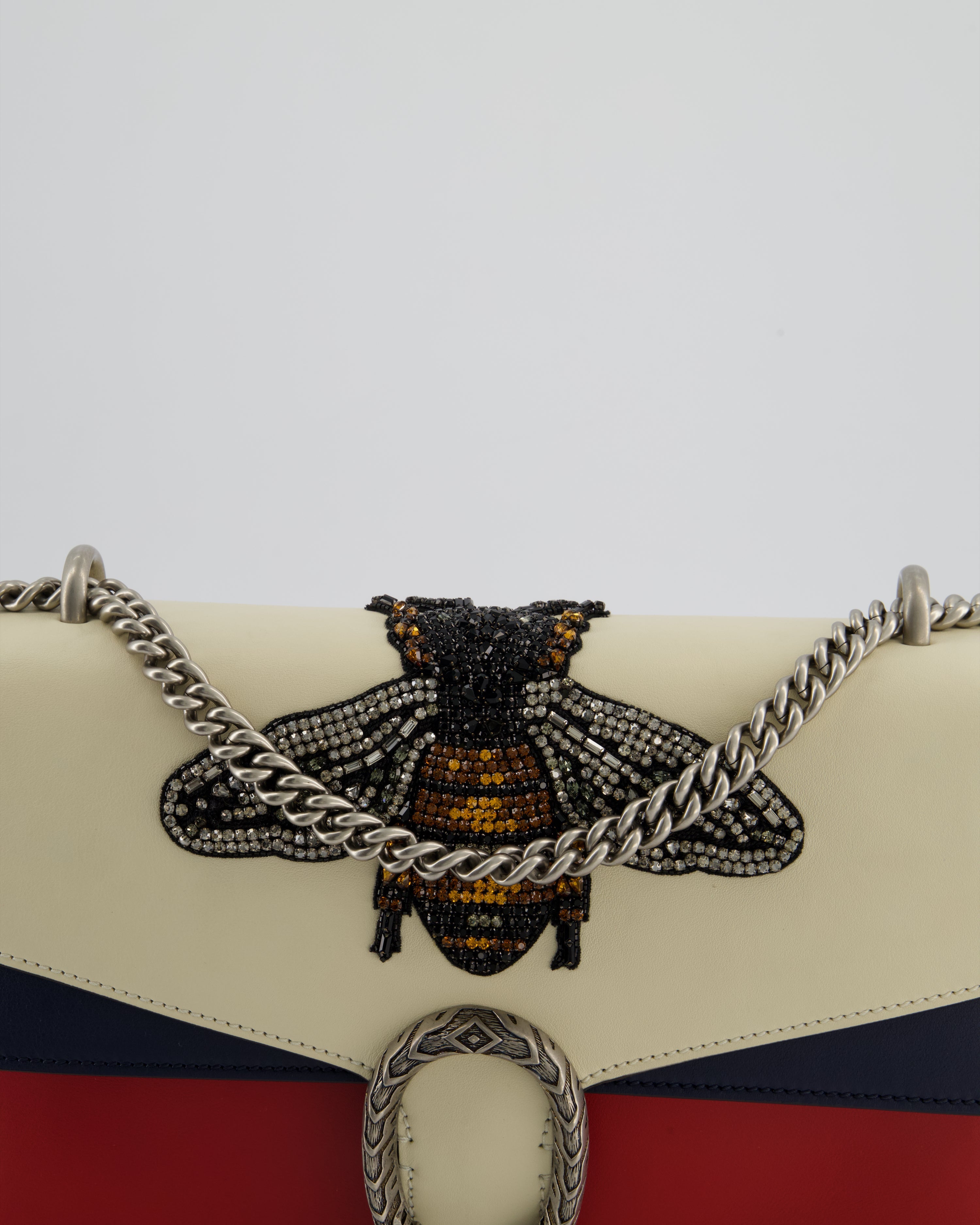 Gucci Red, Cream & Navy Dionysus Large Bag with Silver Hardware & Embellished Bee Detail