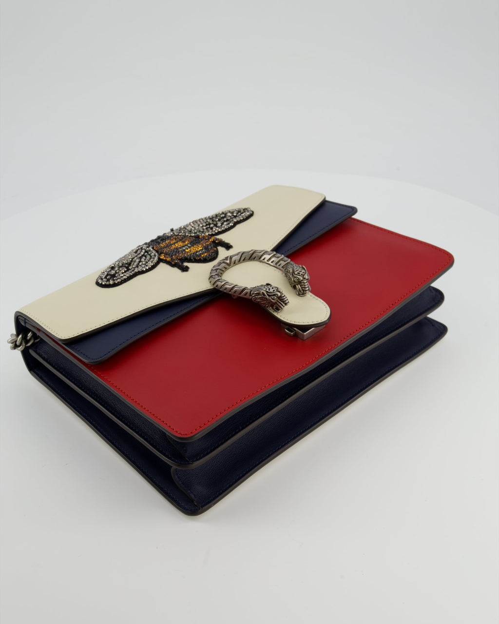 Gucci Red, Cream & Navy Dionysus Large Bag with Silver Hardware & Embellished Bee Detail