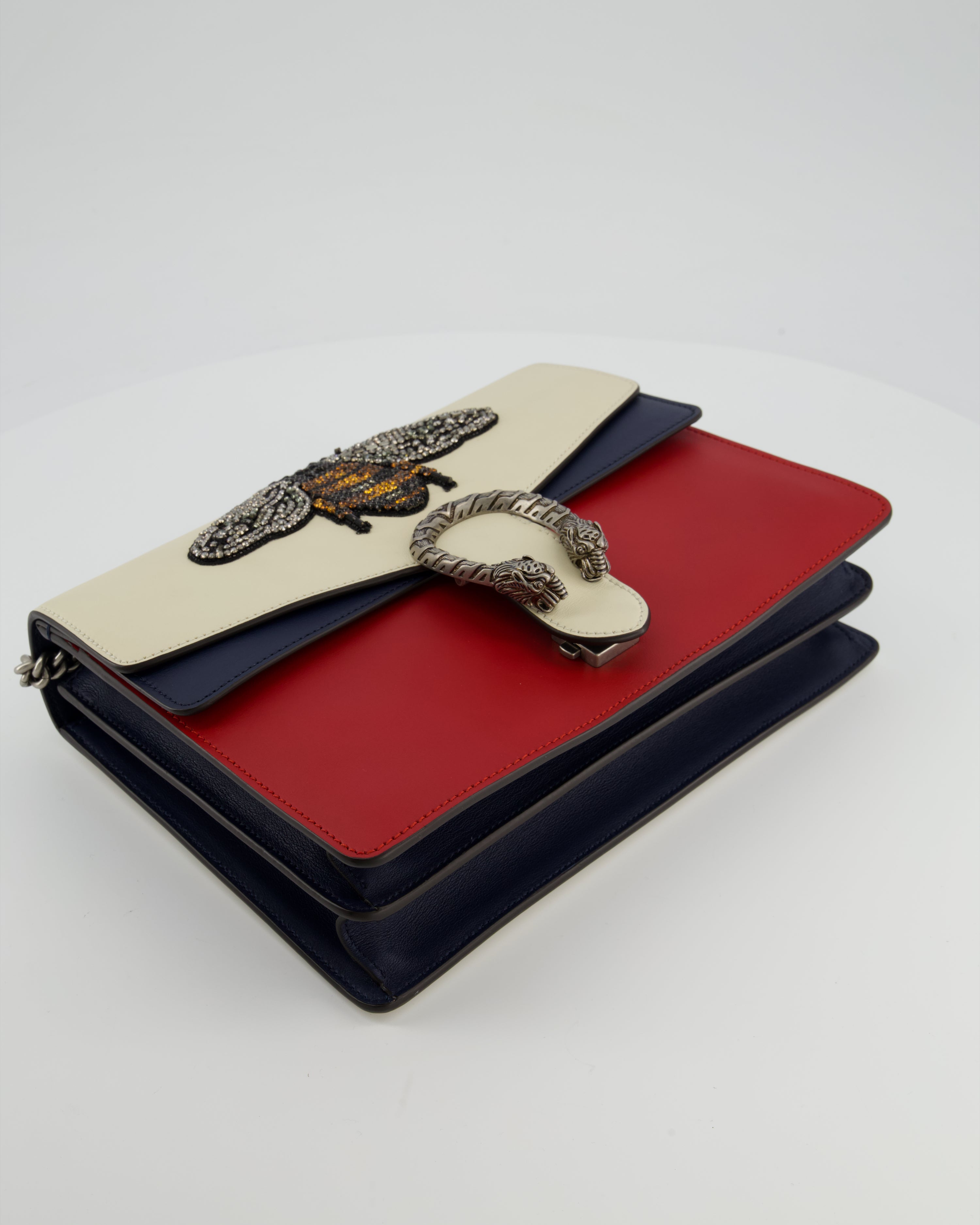 Gucci Red, Cream & Navy Dionysus Large Bag with Silver Hardware & Embellished Bee Detail