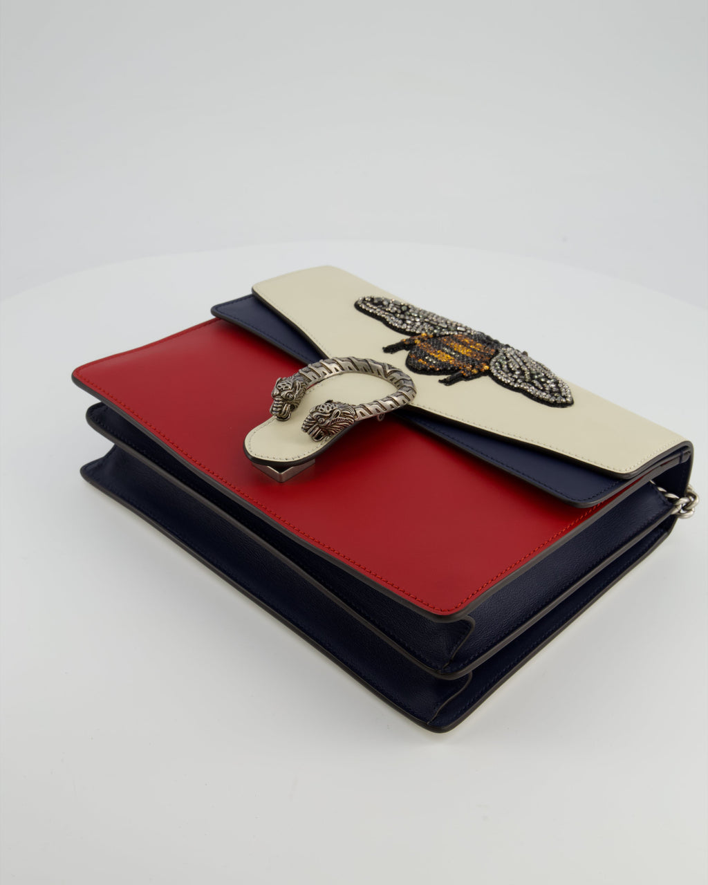 Gucci Red, Cream & Navy Dionysus Large Bag with Silver Hardware & Embellished Bee Detail