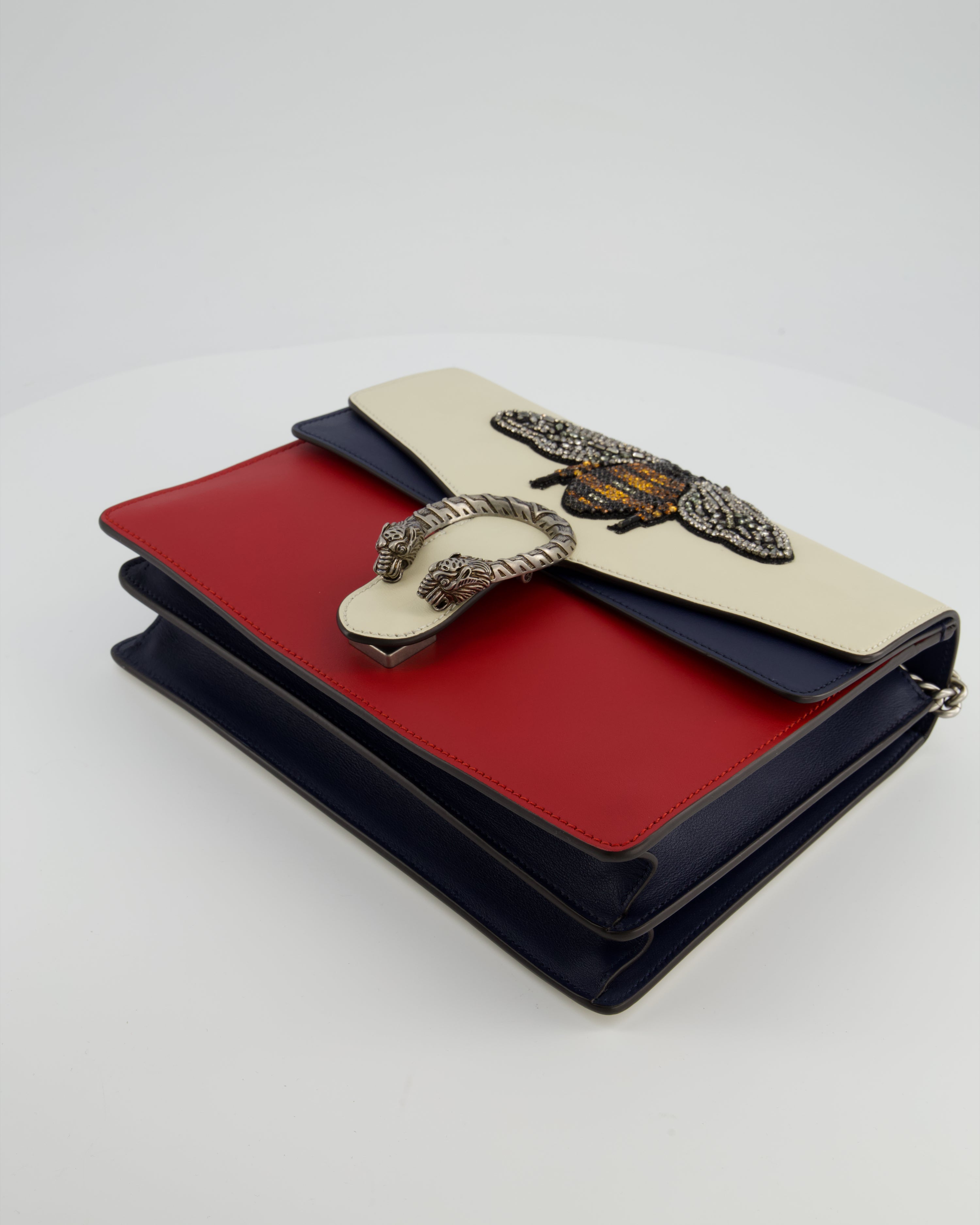 Gucci Red, Cream & Navy Dionysus Large Bag with Silver Hardware & Embellished Bee Detail