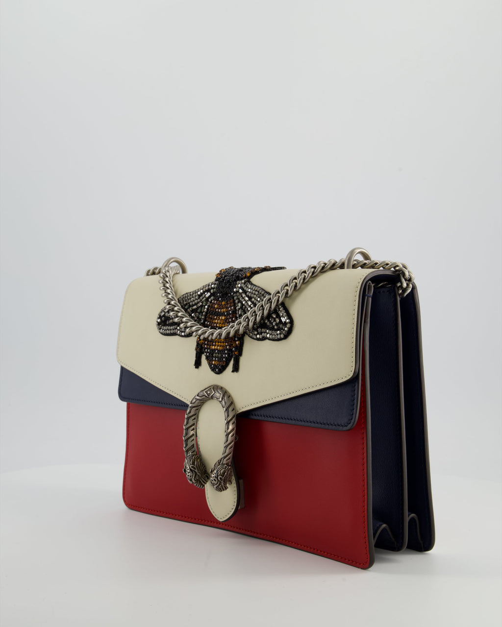Gucci Red, Cream & Navy Dionysus Large Bag with Silver Hardware & Embellished Bee Detail