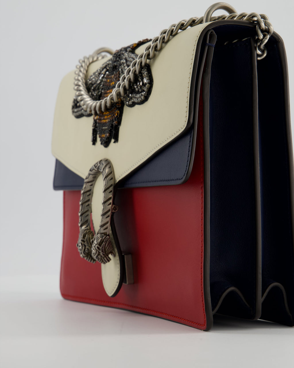 Gucci Red, Cream & Navy Dionysus Large Bag with Silver Hardware & Embellished Bee Detail