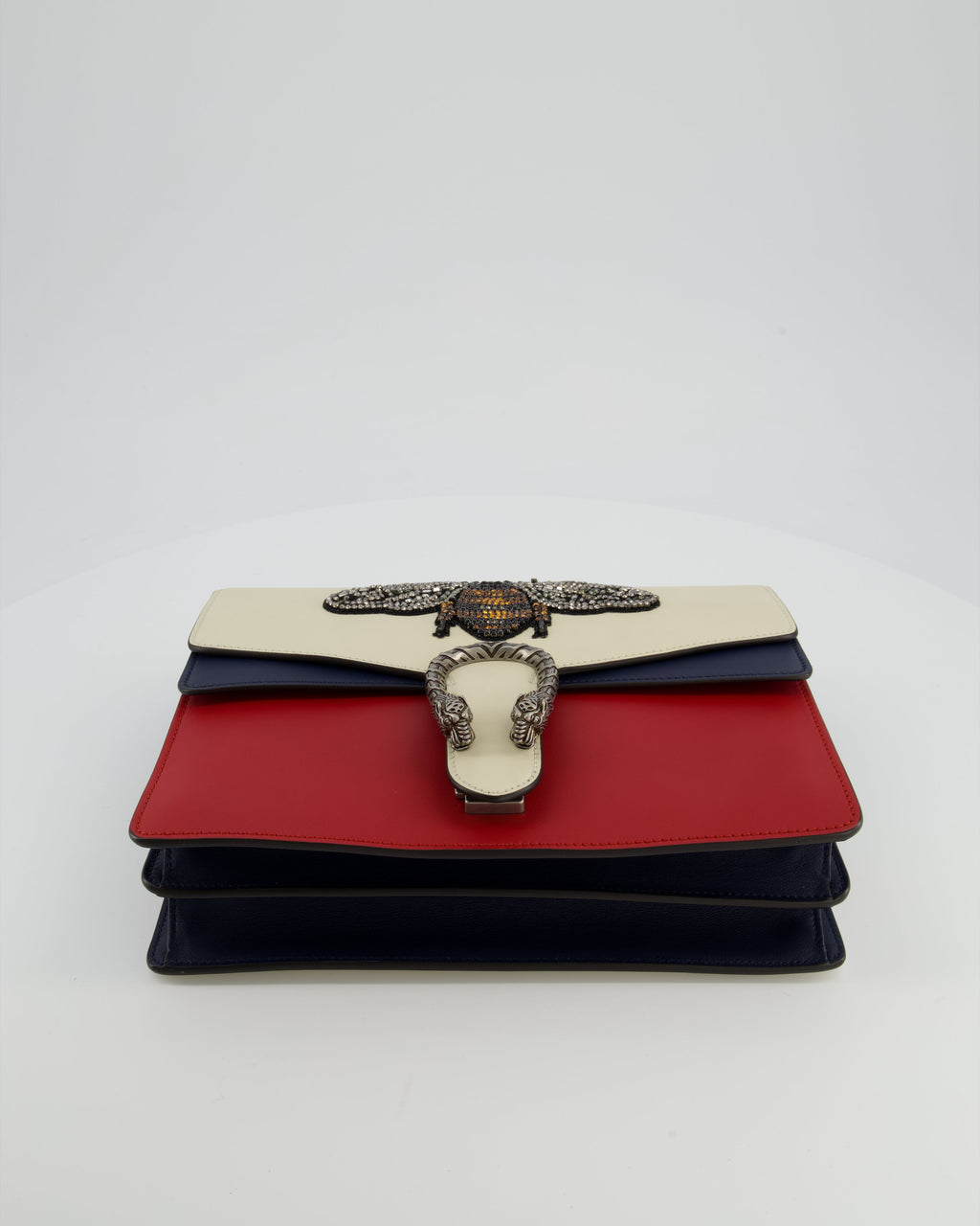 Gucci Red, Cream & Navy Dionysus Large Bag with Silver Hardware & Embellished Bee Detail