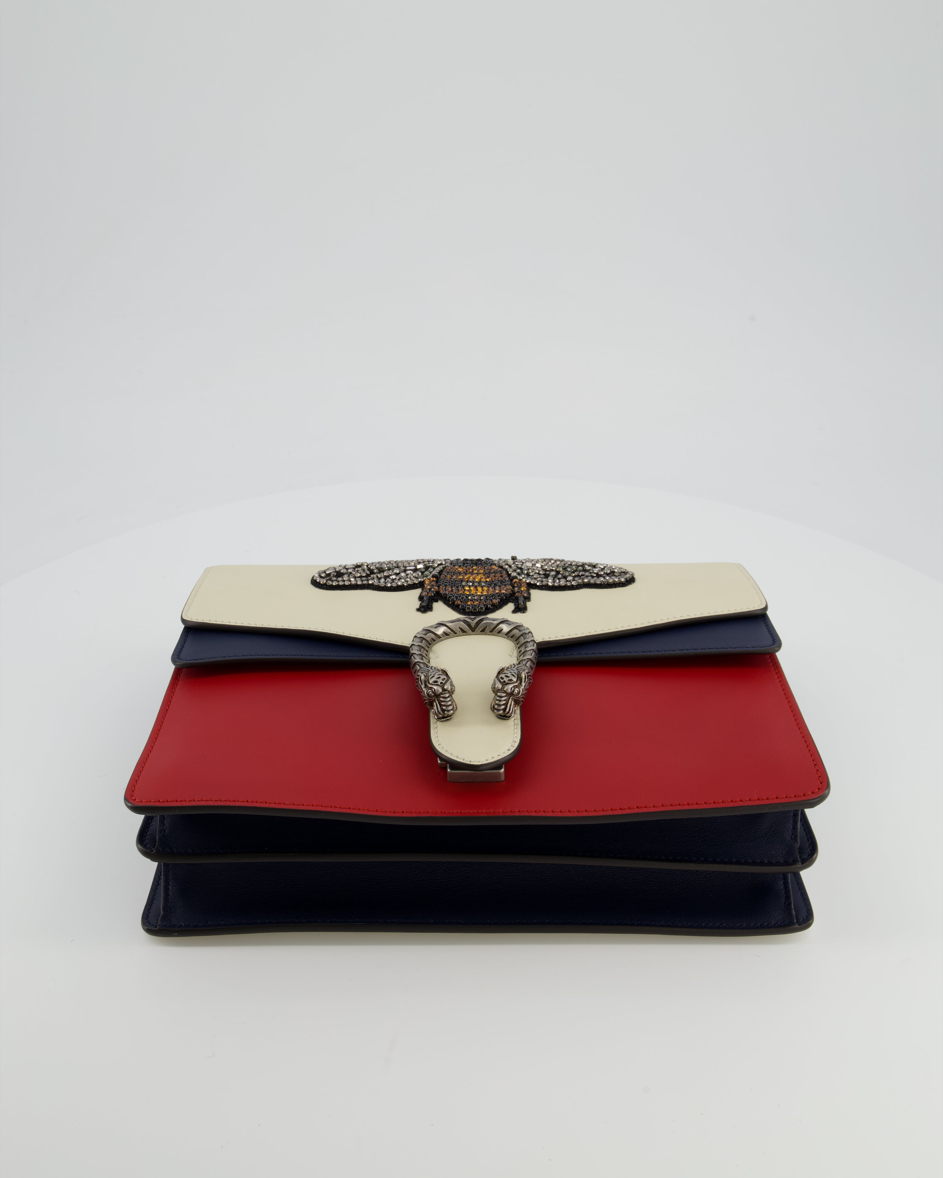 Gucci Red, Cream & Navy Dionysus Large Bag with Silver Hardware & Embellished Bee Detail