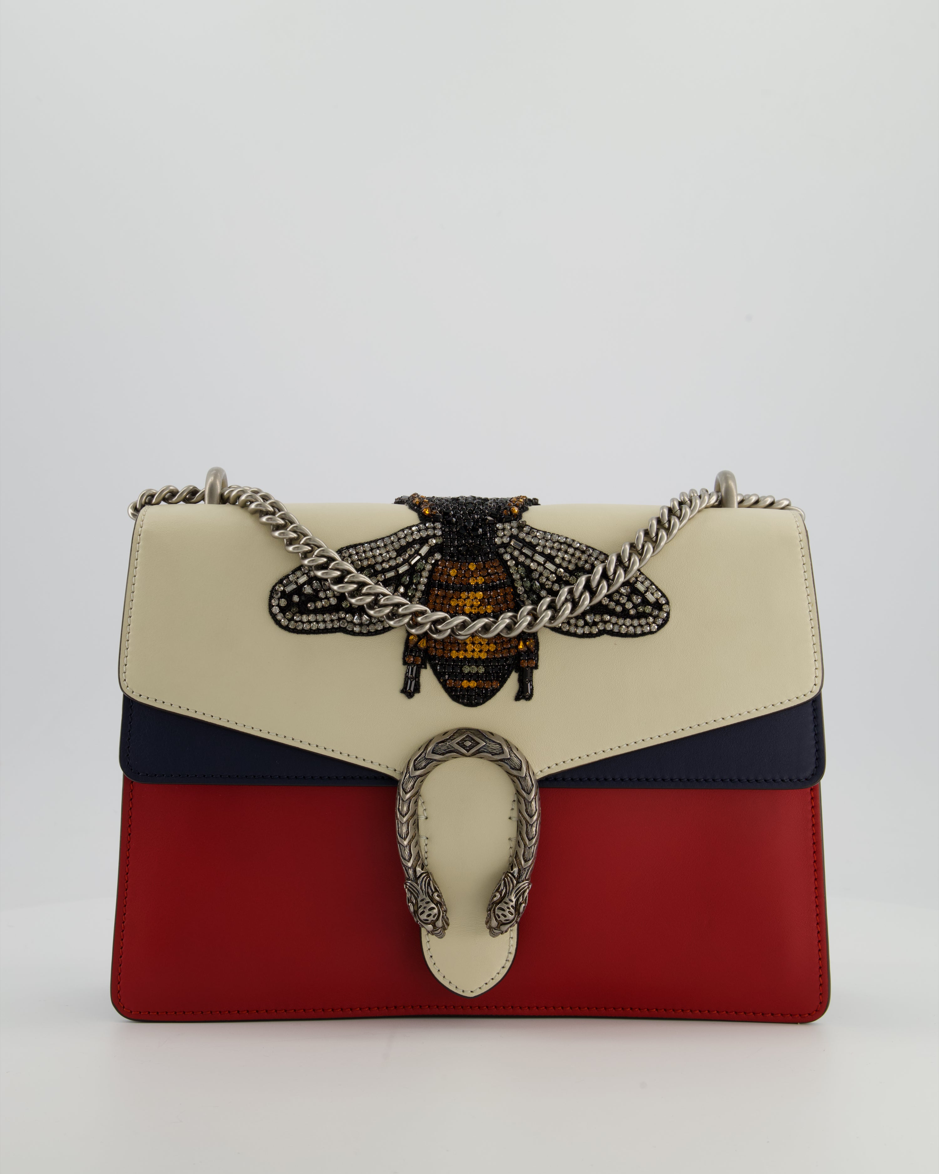 Gucci Red, Cream & Navy Dionysus Large Bag with Silver Hardware & Embellished Bee Detail