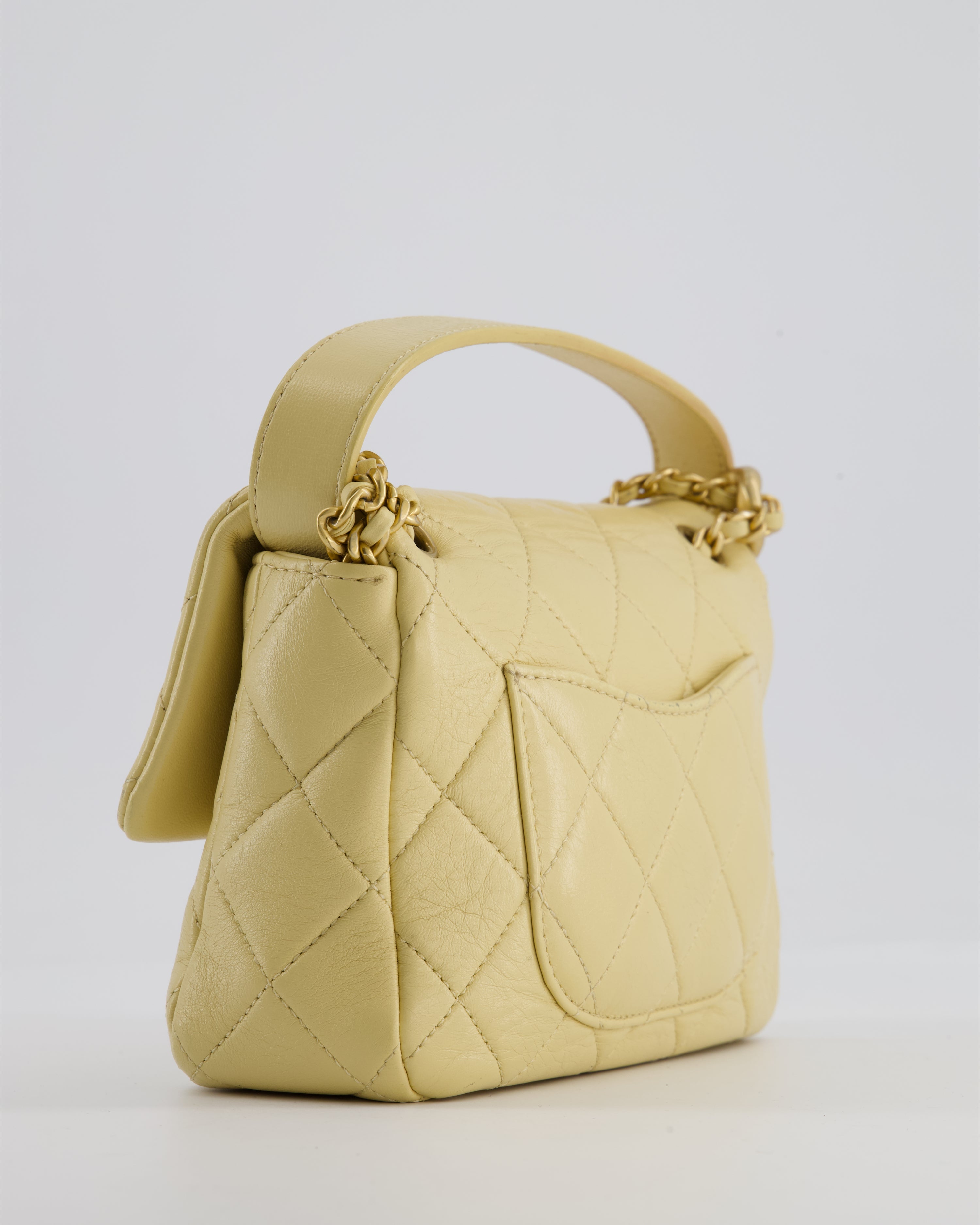 Chanel Mini Flap Bag in Pale Yellow Lambskin Leather with Chunky Chain and Gold Hardware