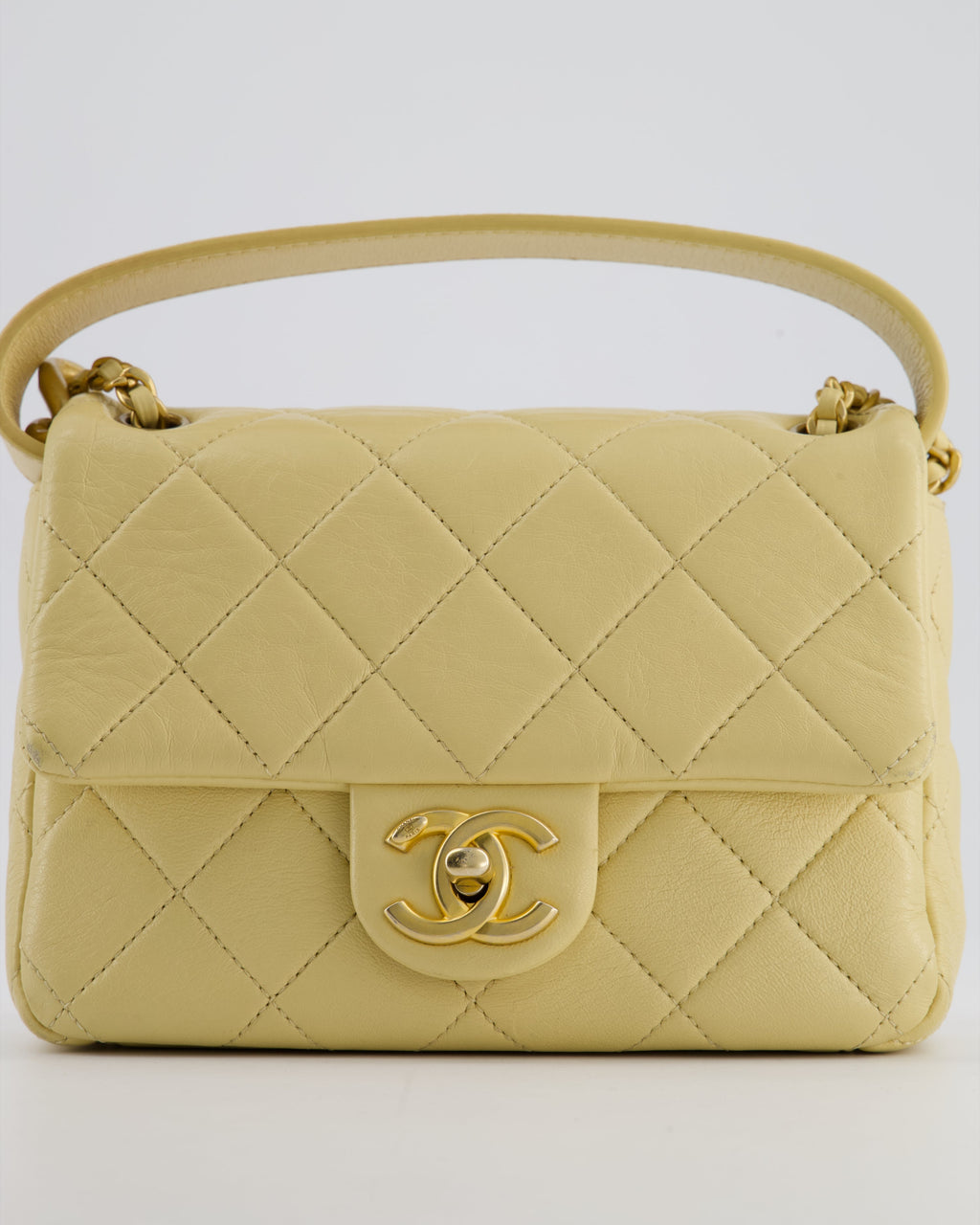 Chanel Mini Flap Bag in Pale Yellow Lambskin Leather with Chunky Chain and Gold Hardware
