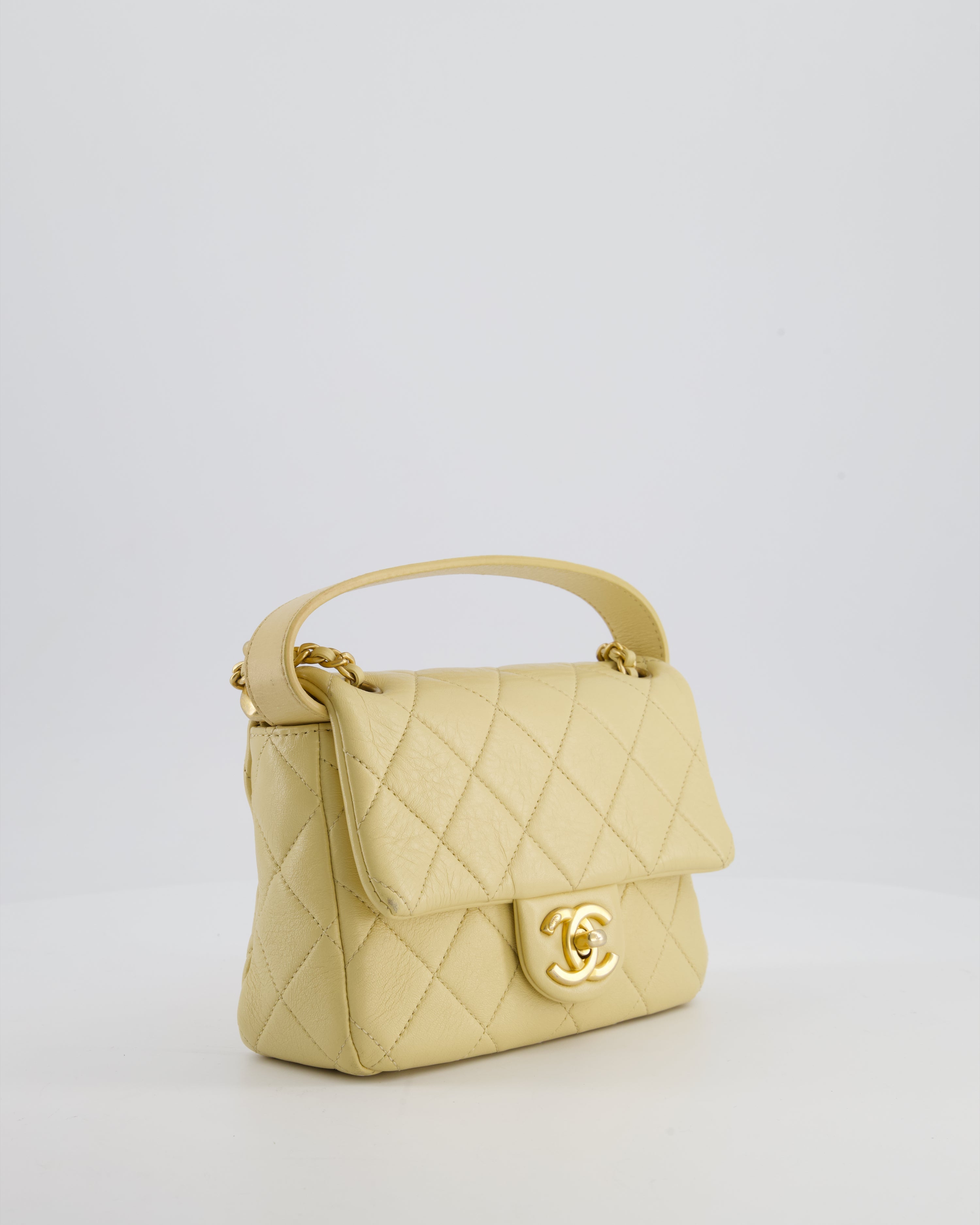 Chanel Mini Flap Bag in Pale Yellow Lambskin Leather with Chunky Chain and Gold Hardware