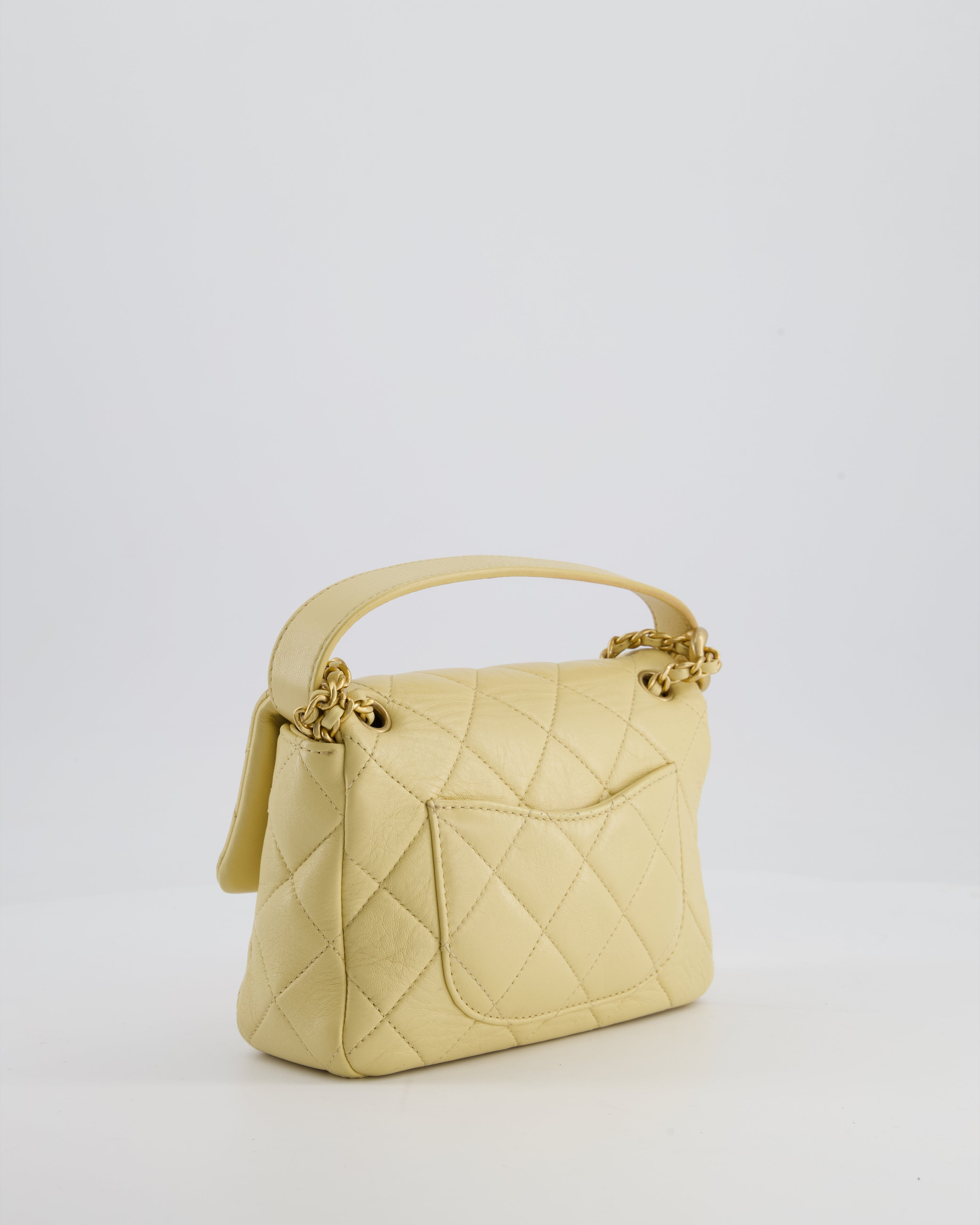 Chanel Mini Flap Bag in Pale Yellow Lambskin Leather with Chunky Chain and Gold Hardware