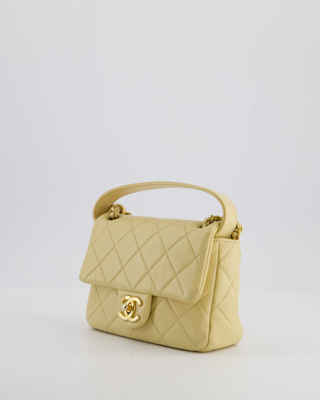 Chanel Mini Flap Bag in Pale Yellow Lambskin Leather with Chunky Chain and Gold Hardware