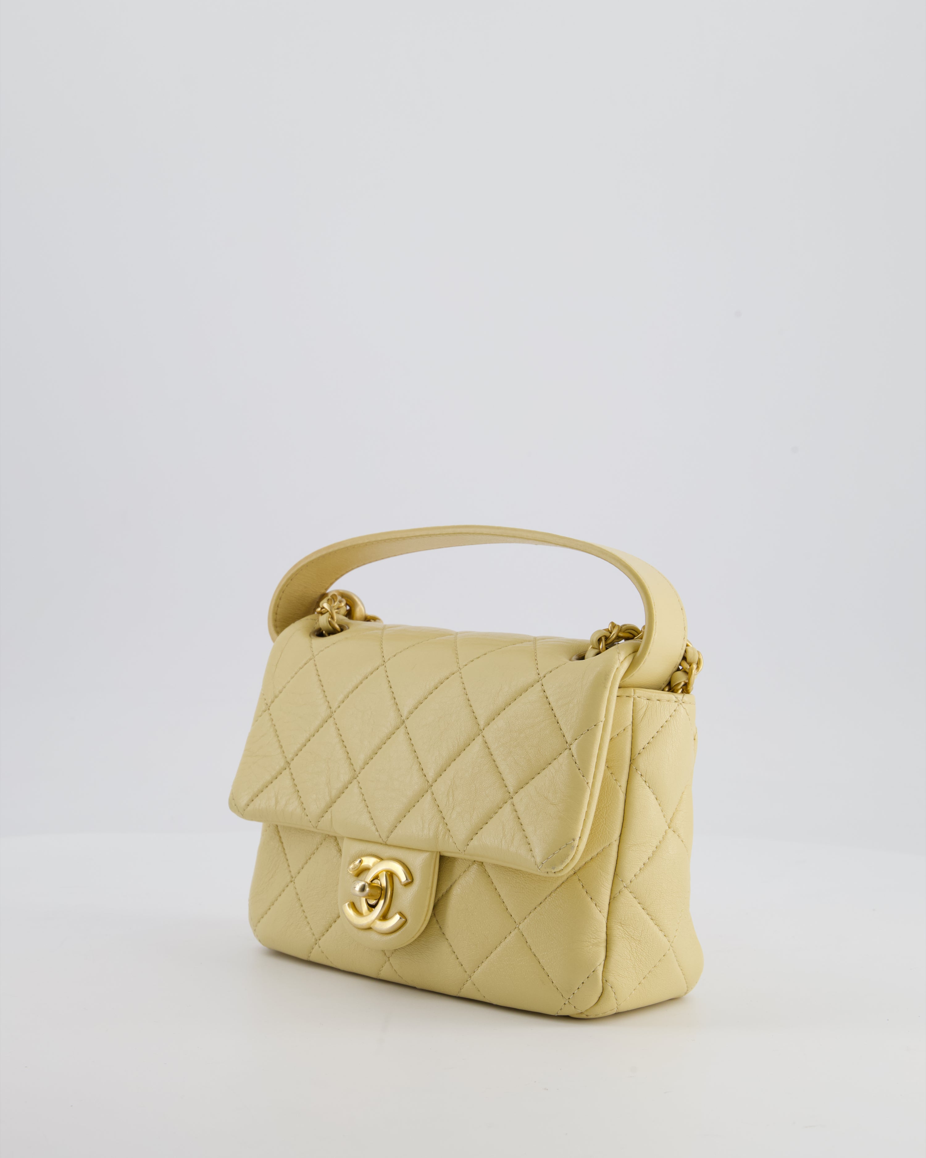 Chanel Mini Flap Bag in Pale Yellow Lambskin Leather with Chunky Chain and Gold Hardware