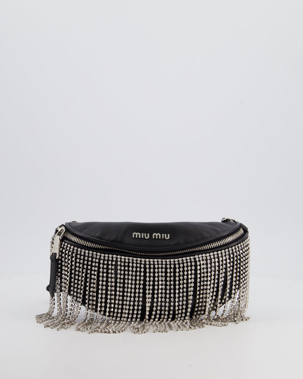Miu Miu Black Leather Bum Bag with Crystal Tassels and Logo Details