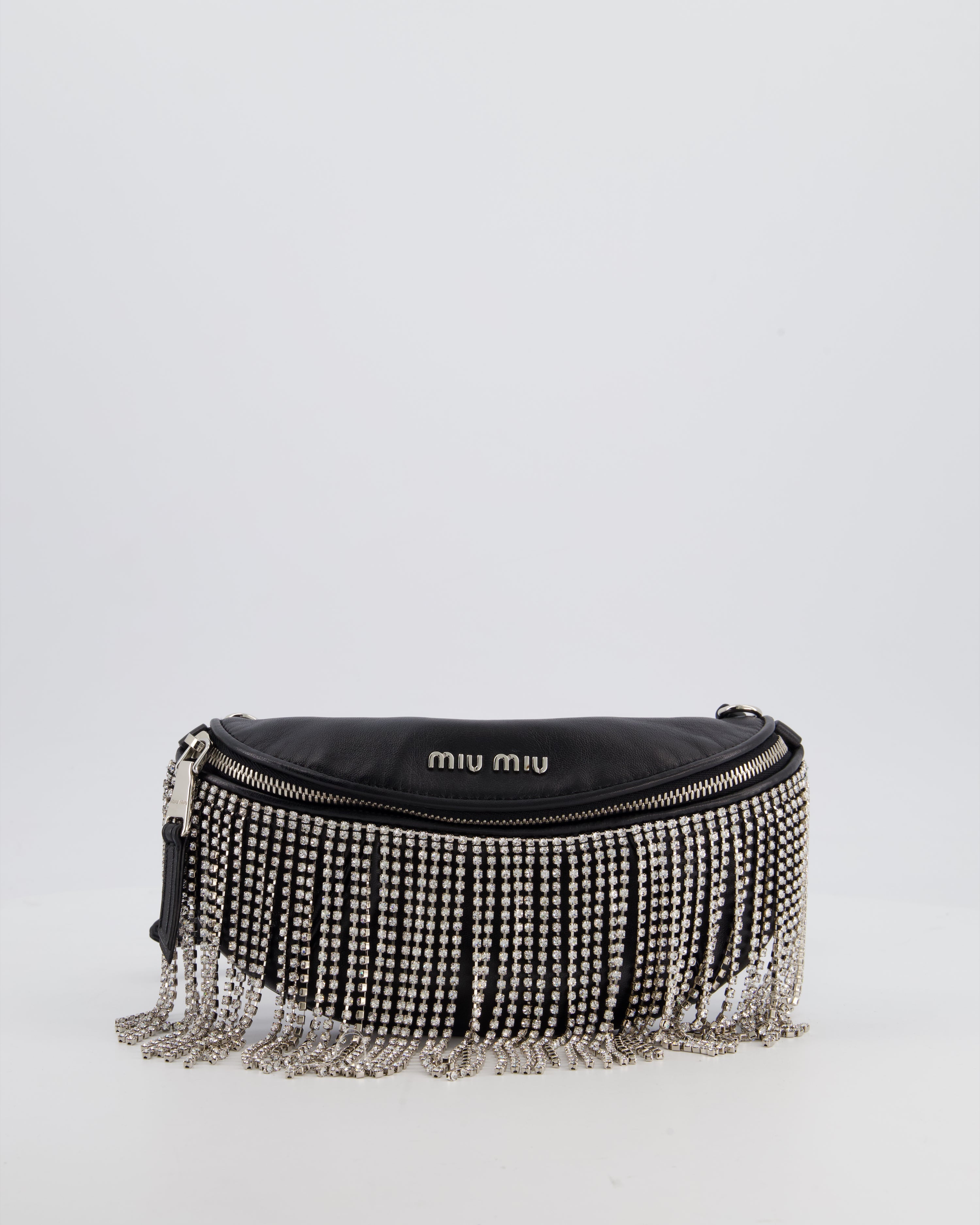 Miu Miu Black Leather Bum Bag with Crystal Tassels and Logo Details